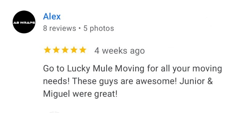 Lucky Mule Moving 5 star Google Review