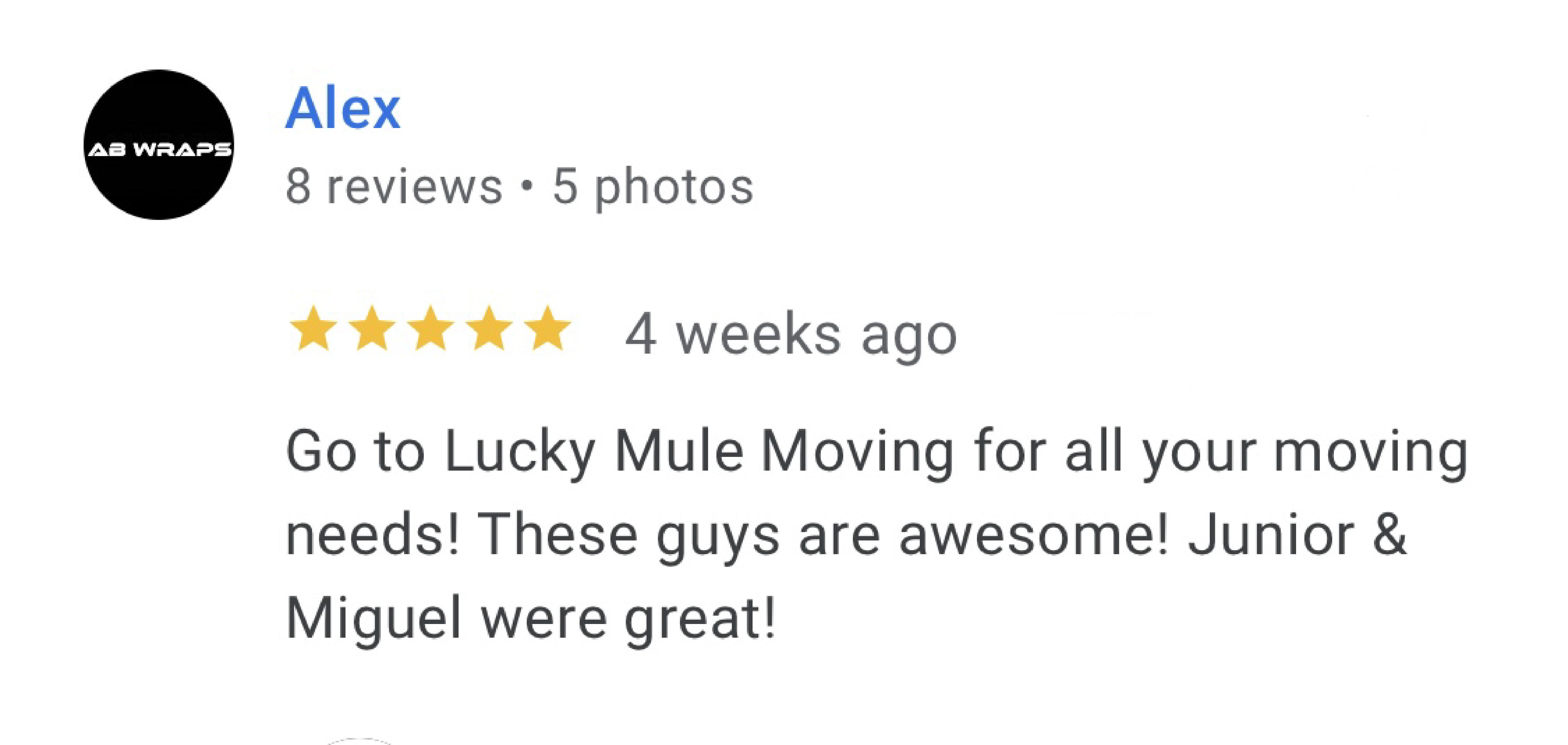 Lucky Mule Moving 5 star Google Review