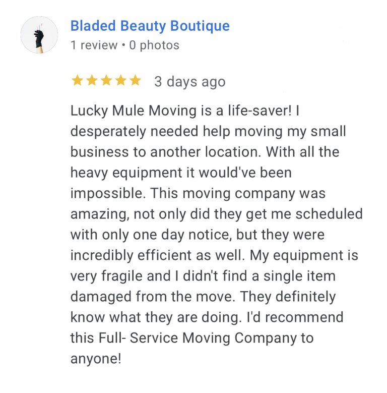 Lucky Mule Moving 5 star Google Review