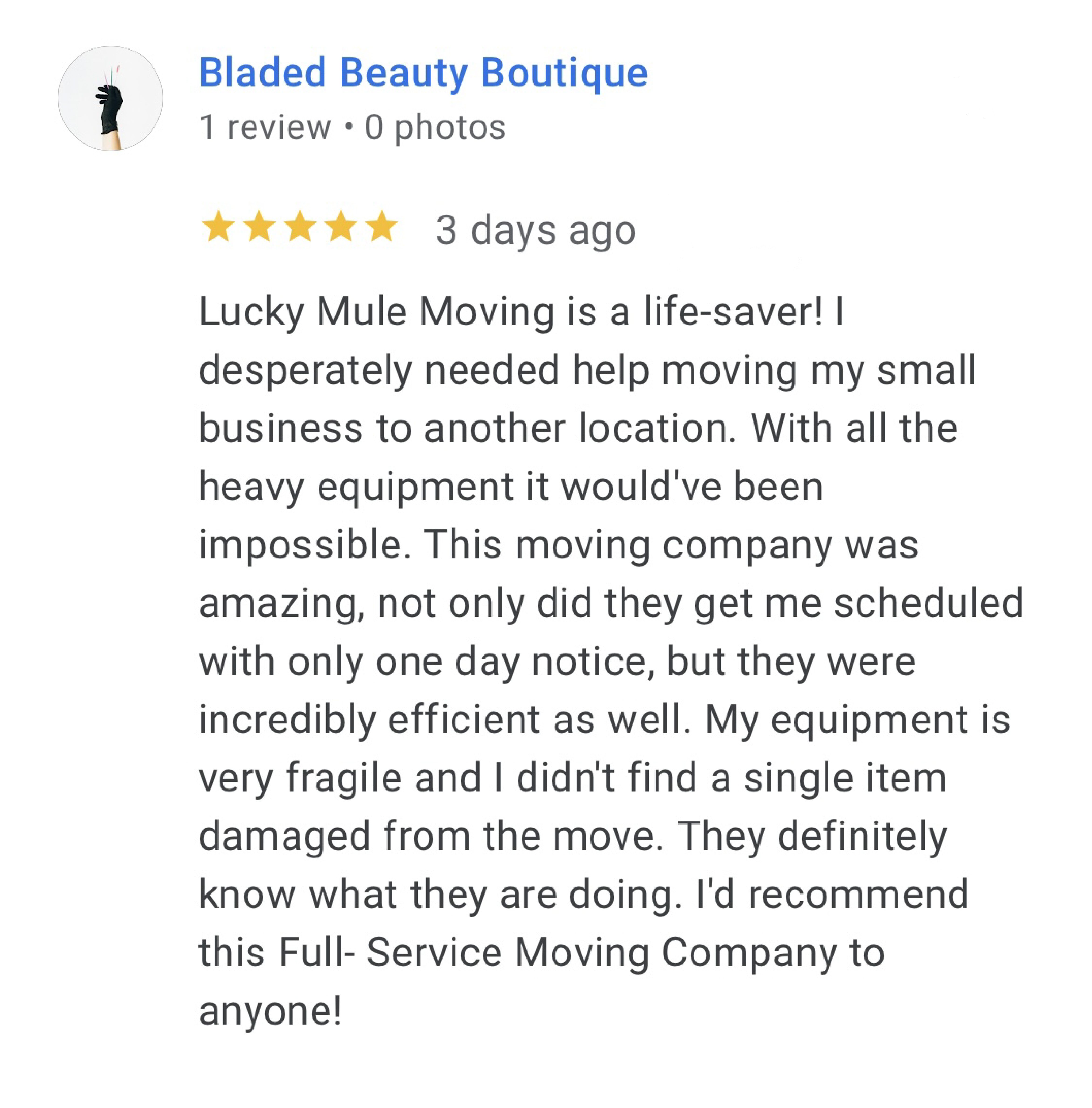 Lucky Mule Moving 5 star Google Review
