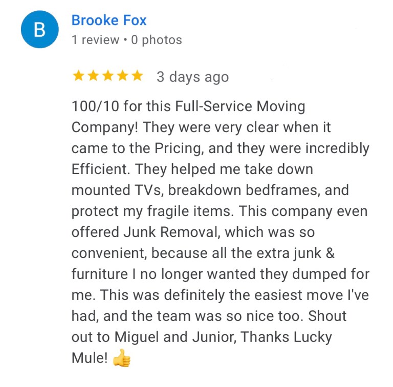 Lucky Mule Moving 5 star Google Review