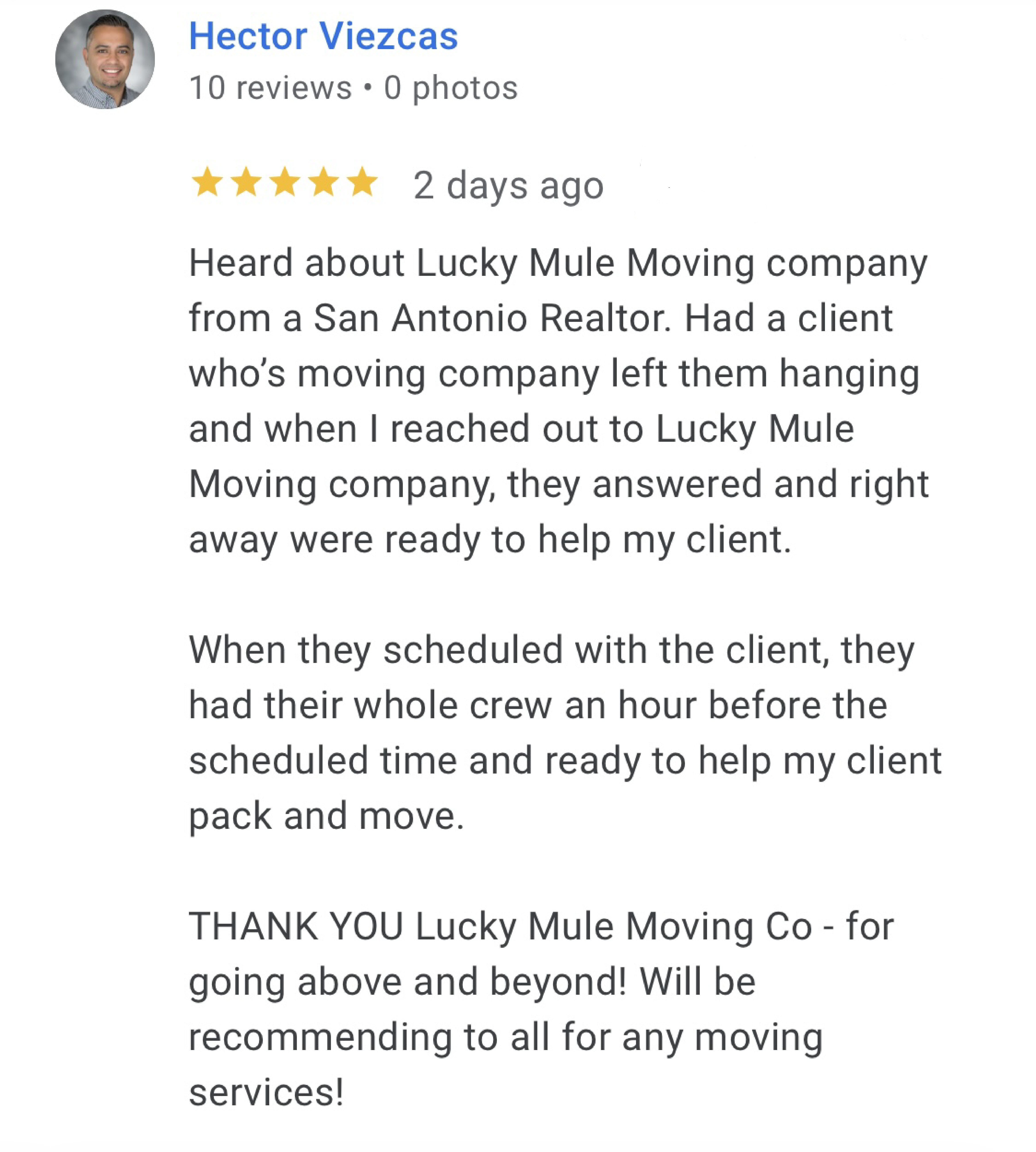 Lucky Mule Moving 5 star Google Review