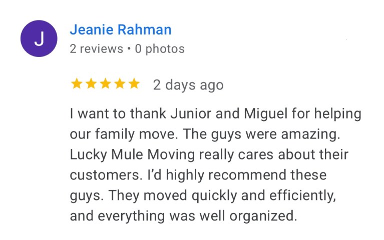 Lucky Mule Moving 5 star Google Review