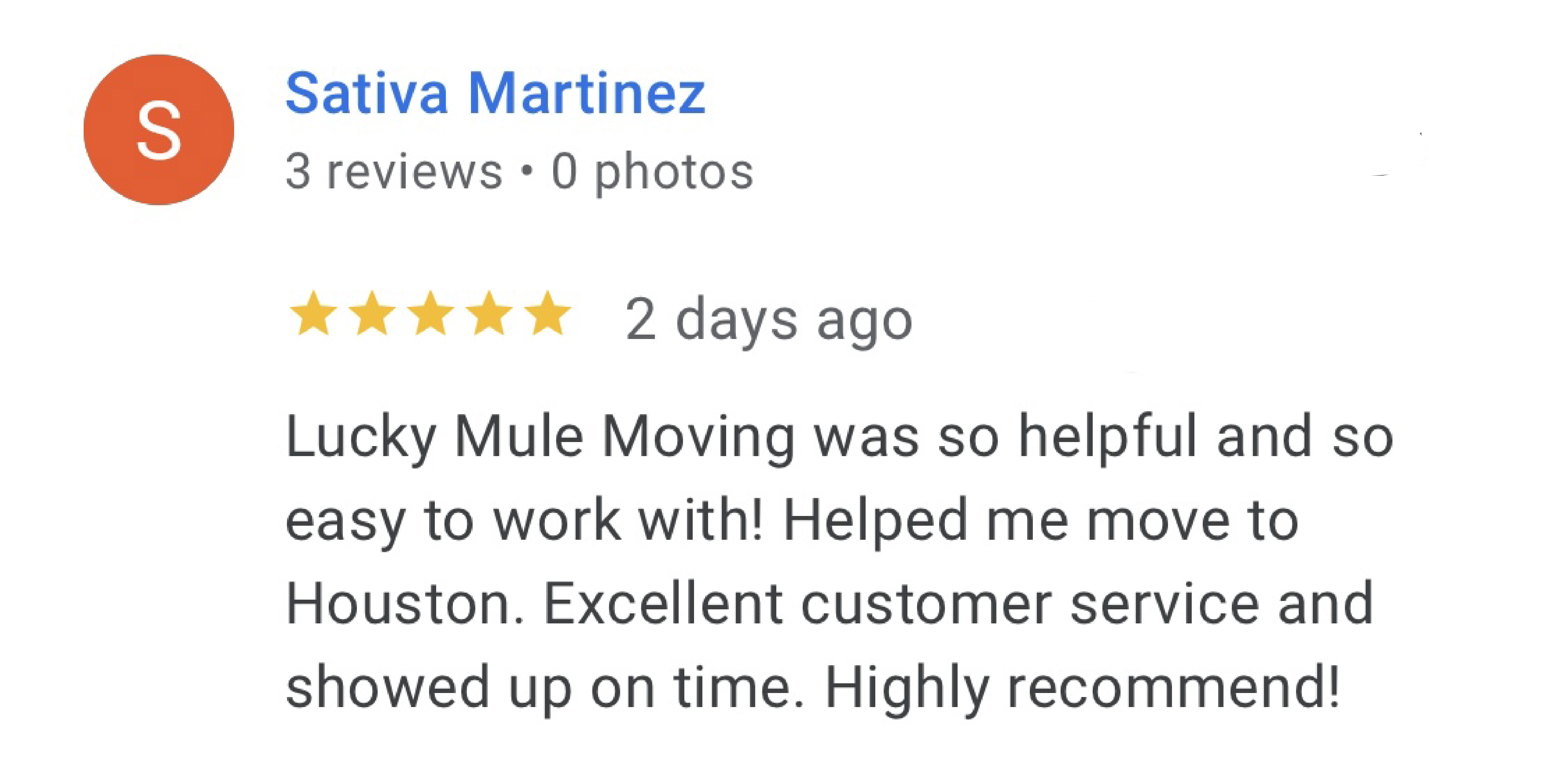 Lucky Mule Moving 5 star Google Review