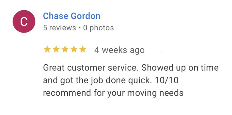 Lucky Mule Moving 5 star Google Review
