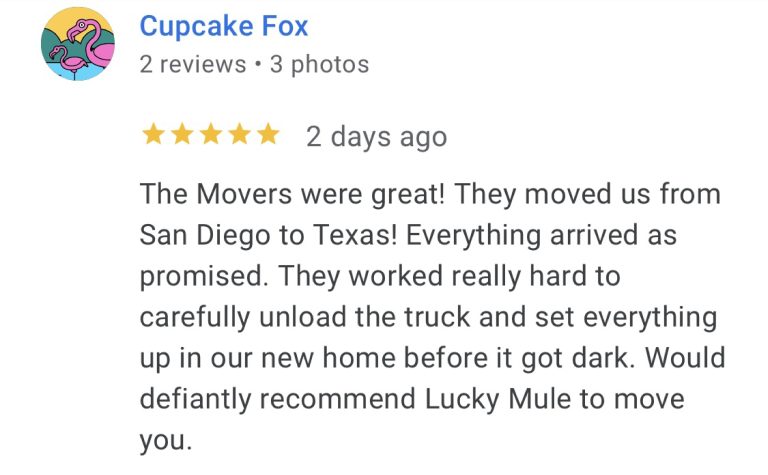 Lucky Mule Moving 5 star Google Review