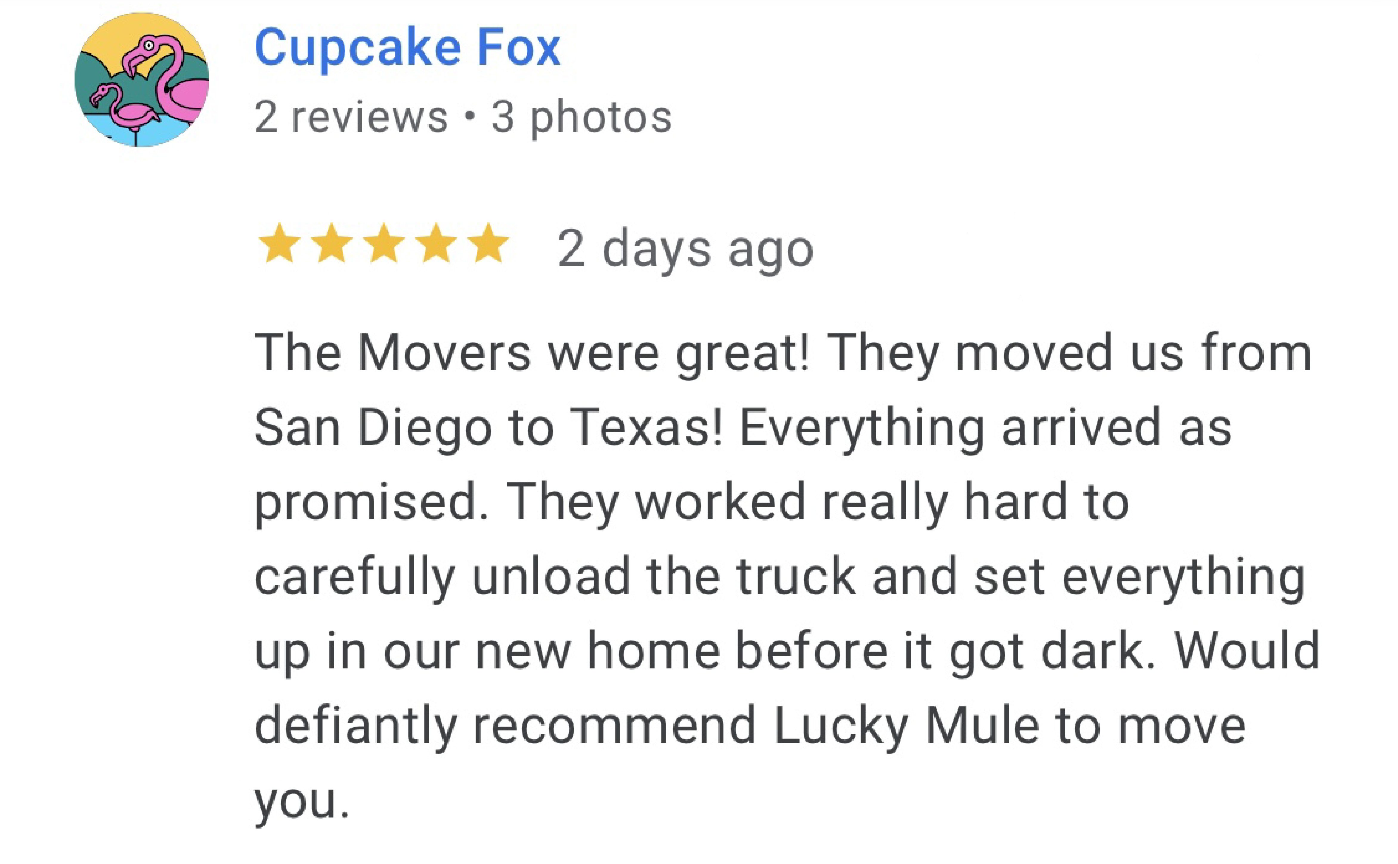 Lucky Mule Moving 5 star Google Review