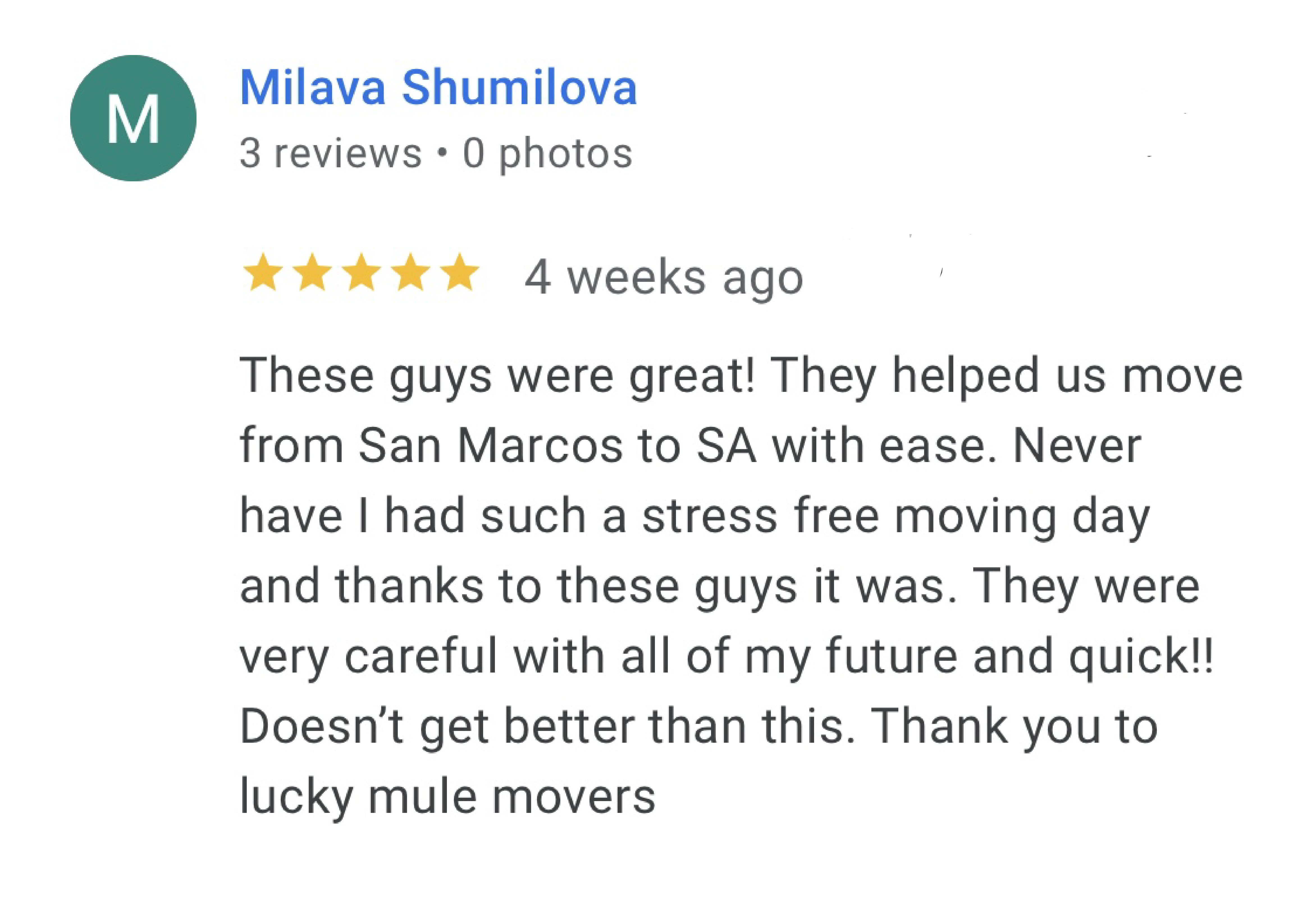 Lucky Mule Moving 5 star Google Review