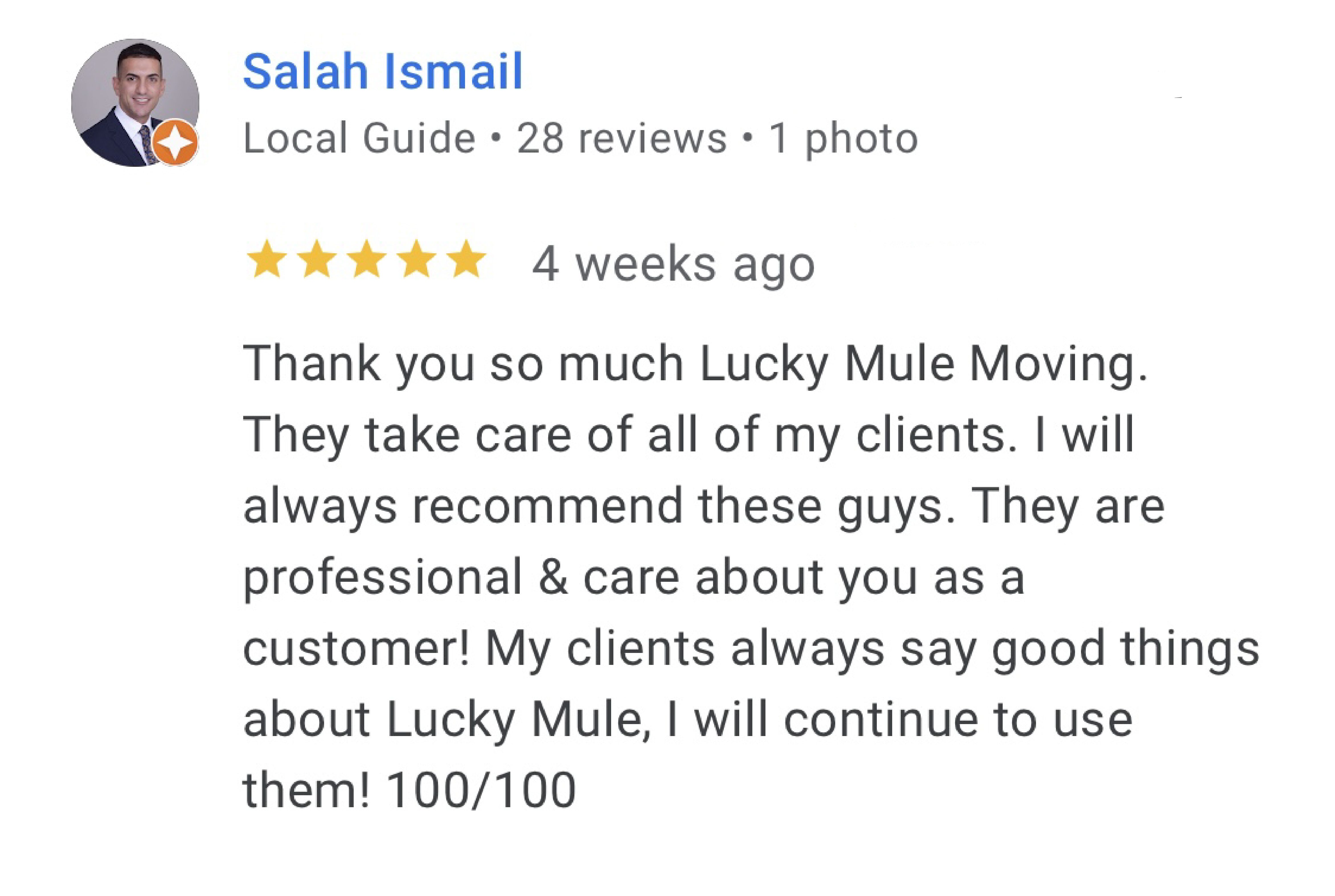 Lucky Mule Moving 5 star Google Review