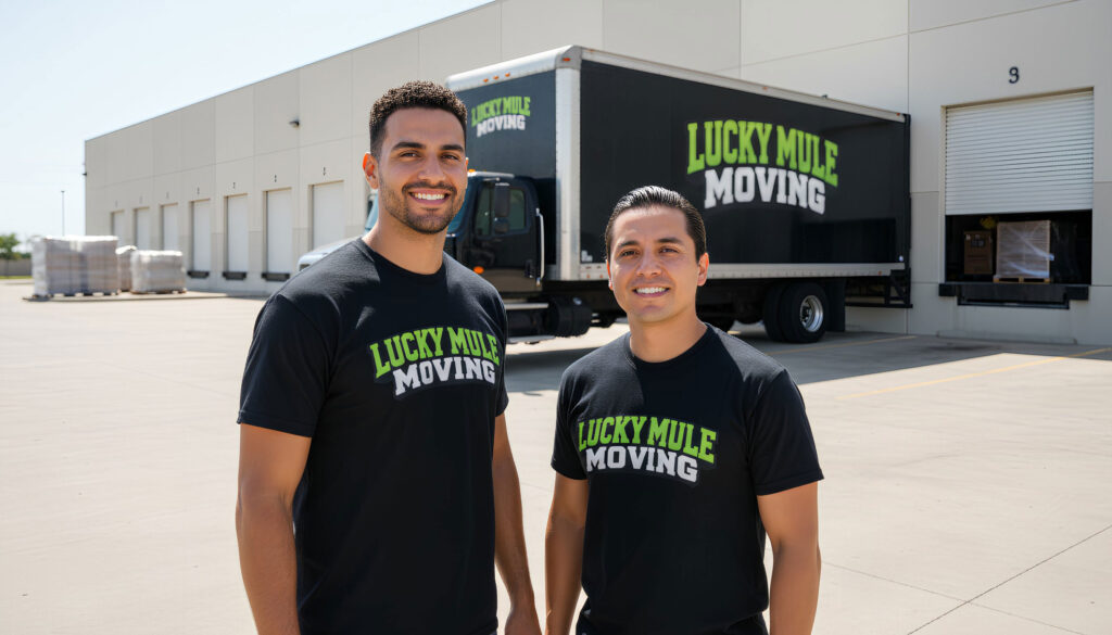 Professional movers from Lucky Mule Moving in [City] loading items at the warehouse for reliable relocation services.