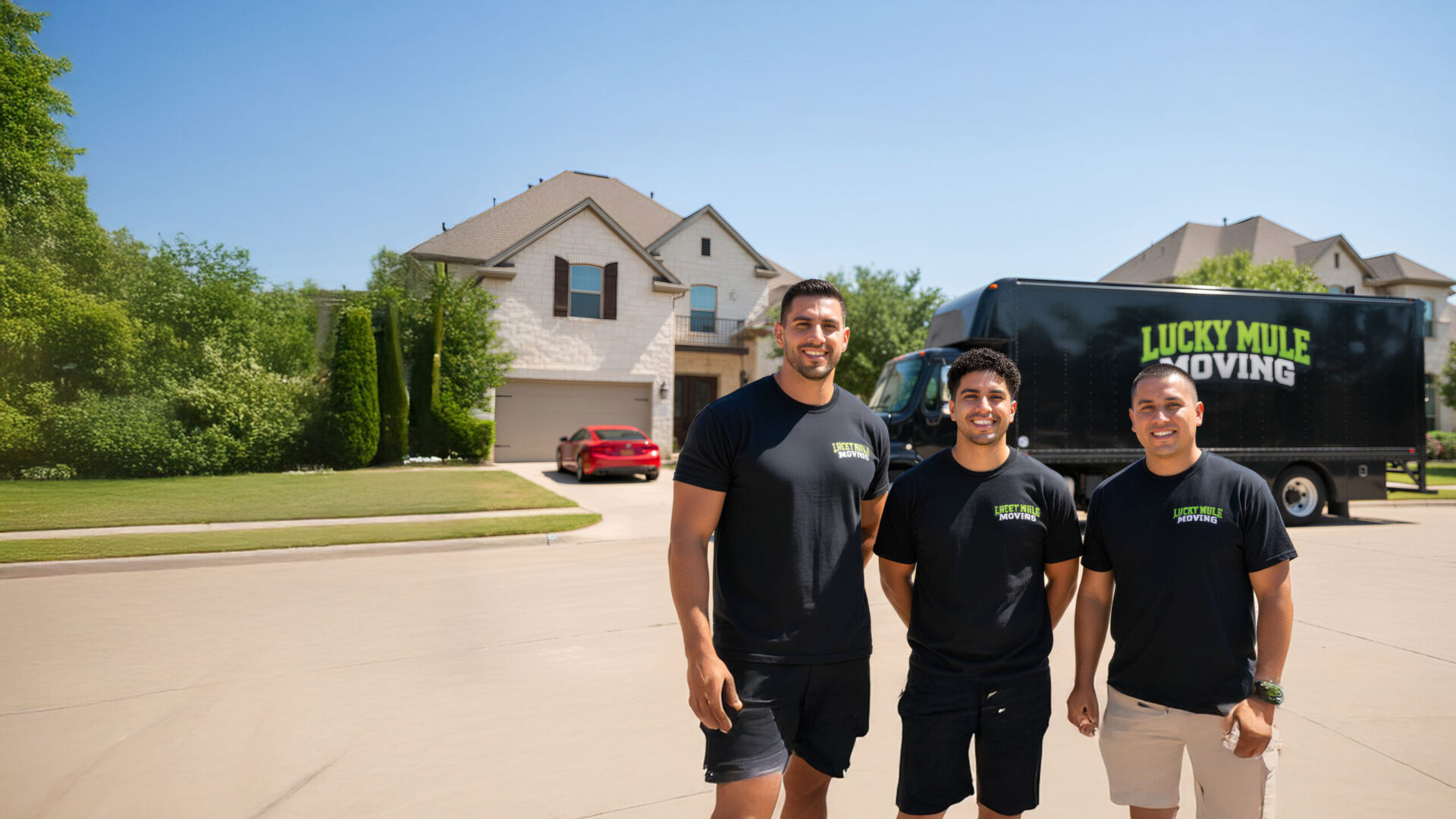 Lucky Mule Moving crew in San Antonio providing professional moving services in front of their truck.