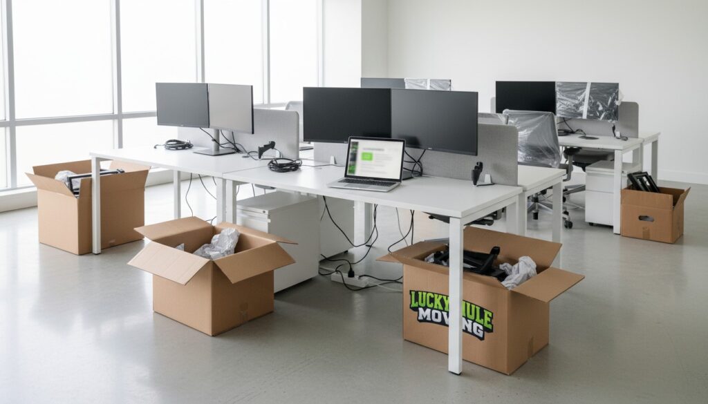 New office setup scene showing post-move testing and cleanup steps for an office move in San Antonio and Austin.