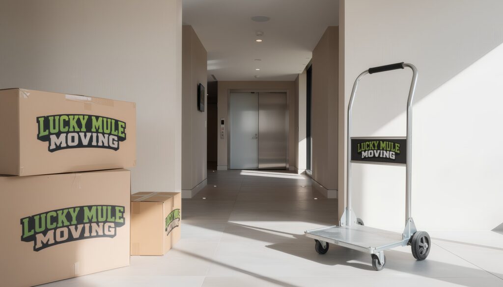 Apartment entry with moving boxes and elevator access for apartment and condo moving in San Antonio and Austin.