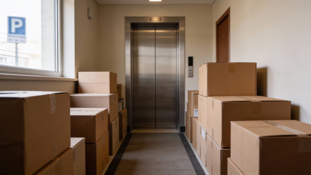 Apartment entry and elevator access scene showing common moving delays in San Antonio and Austin.
