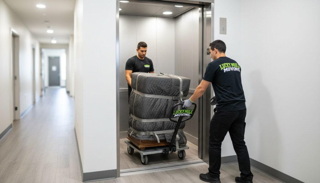 apartment movers loading dresser on dolly into apartment elevator