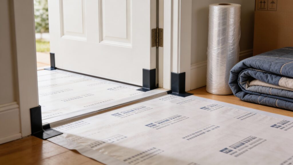 Floor runner and corner guards showing how to protect floors and doorways during apartment moving in San Antonio and Austin.