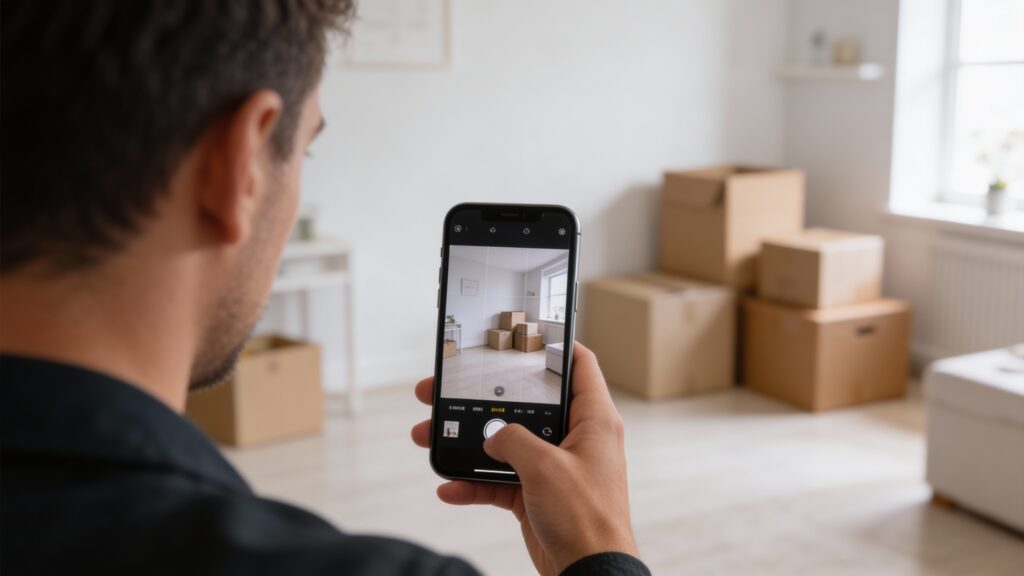 Phone camera framing a room with boxes to show how to get a fast written estimate for local moving in San Antonio and Austin.