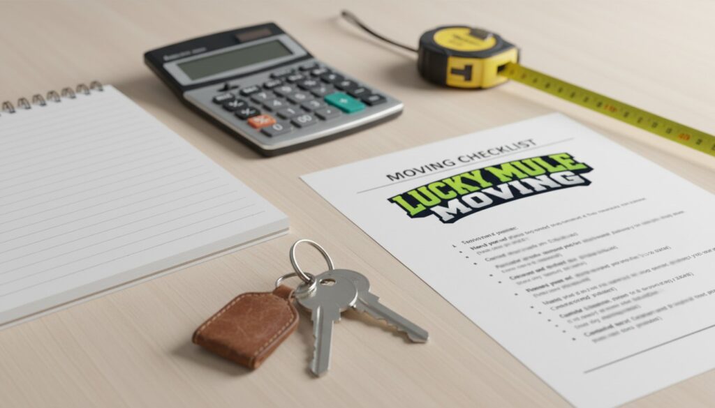 Flat-lay of moving budget items for a local moving cost guide in San Antonio and Austin.