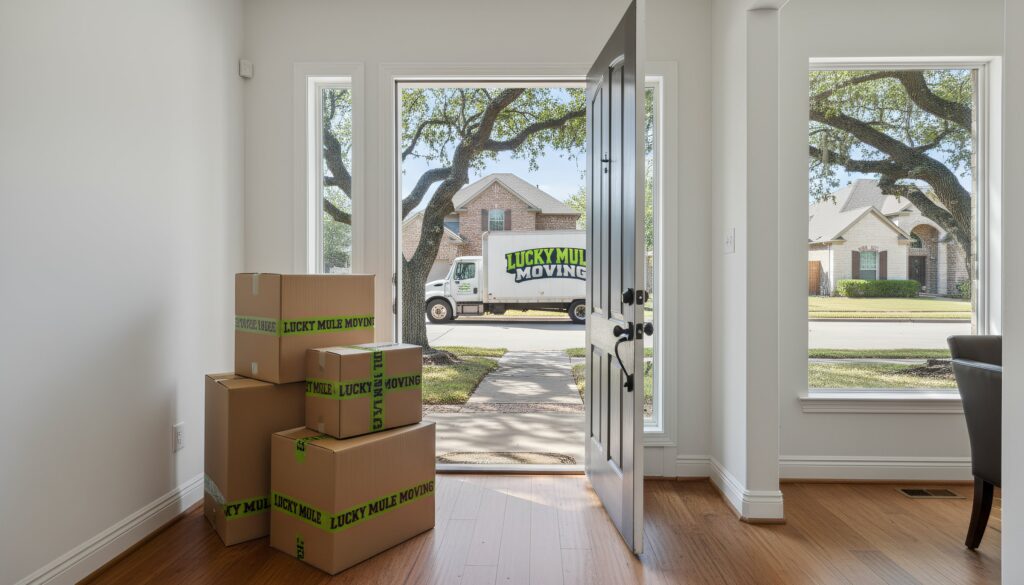 Lucky Mule Moving Cargo truck and packed boxes illustrating long-distance moving delivery windows from San Antonio and Austin.