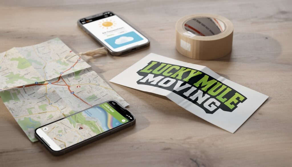Route map and packing items representing factors that affect long-distance moving timelines from San Antonio and Austin.