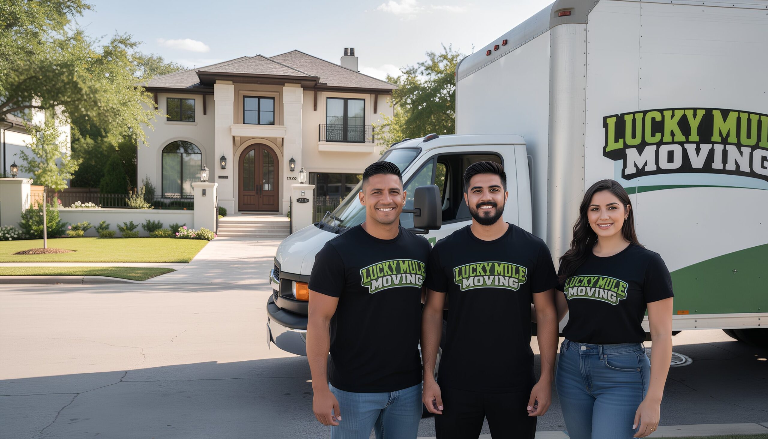Lucky Mule Moving team smiling in front of their truck, showcasing professional moving services in Anaqua Springs Ranch, San Antonio.