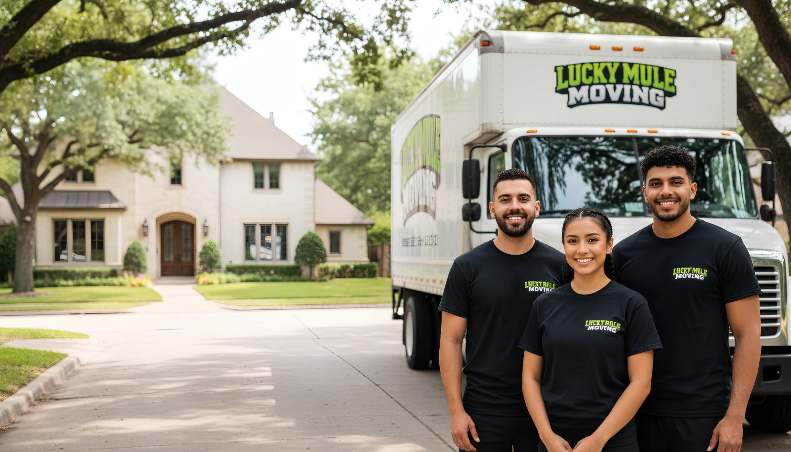 Smiling movers from Lucky Mule Moving standing in front of their truck in Atascosa, showcasing professional moving services.
