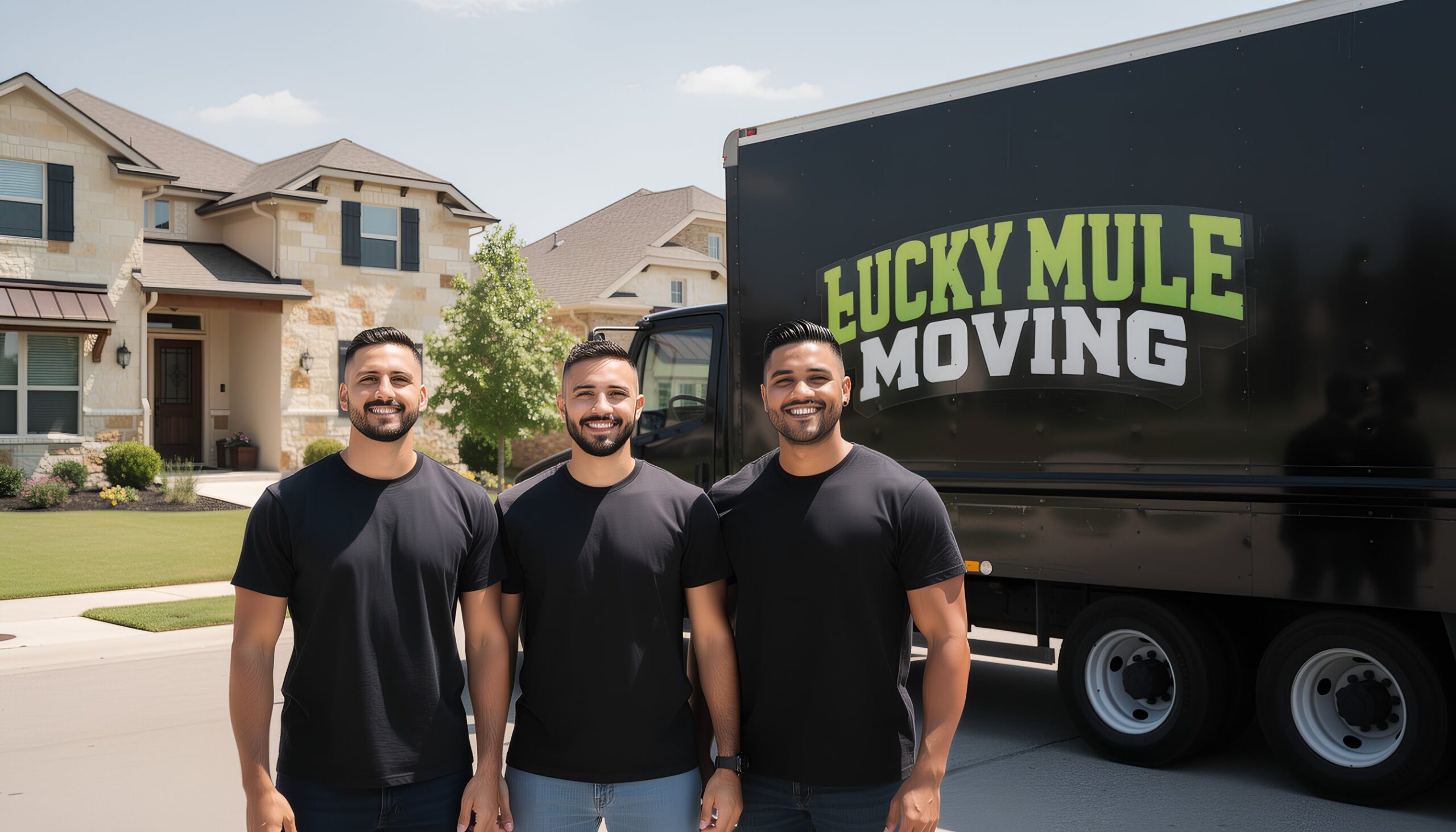 Smiling movers from Lucky Mule Moving standing in front of their truck in Avery Ranch, Austin, ready for professional moving services.