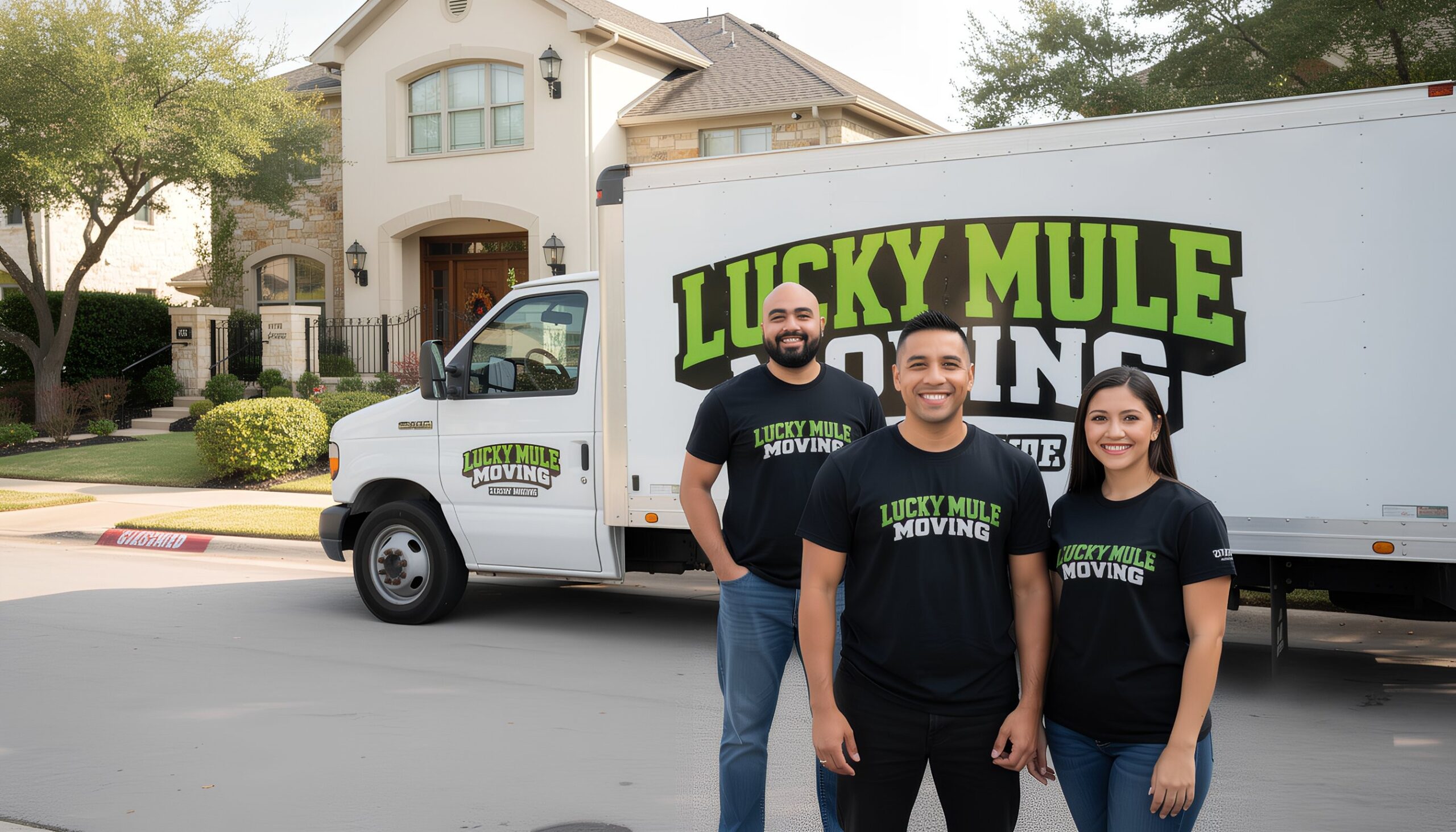 Smiling movers from Lucky Mule Moving stand proudly in front of their truck in Bandera, TX, showcasing professional moving services.