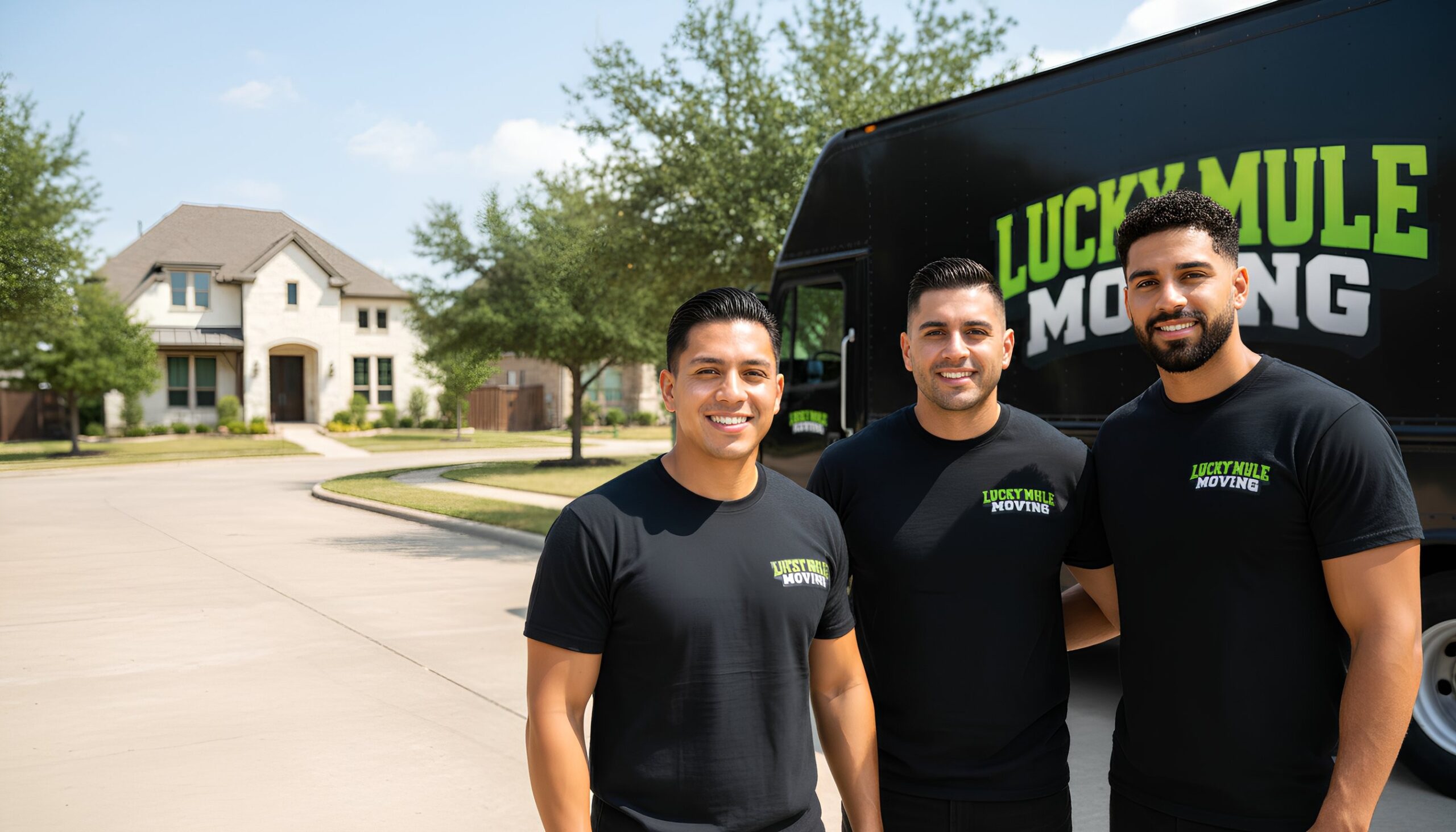 Smiling Lucky Mule Moving team in Barton Creek, Austin, ready to provide professional moving services.
