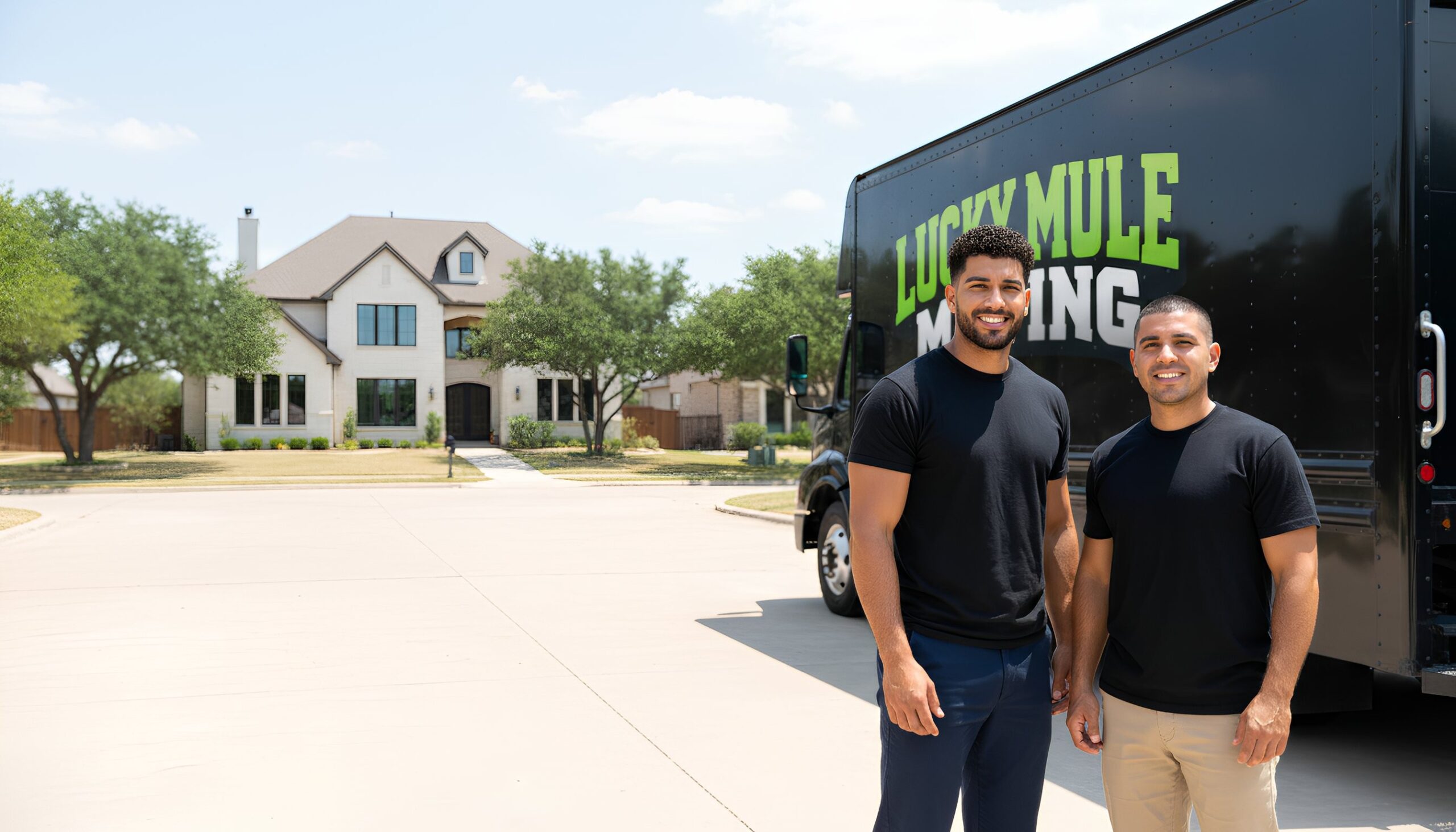 Lucky Mule Moving team in Bee Cave, TX, smiles in front of their truck, ready to provide professional moving services.
