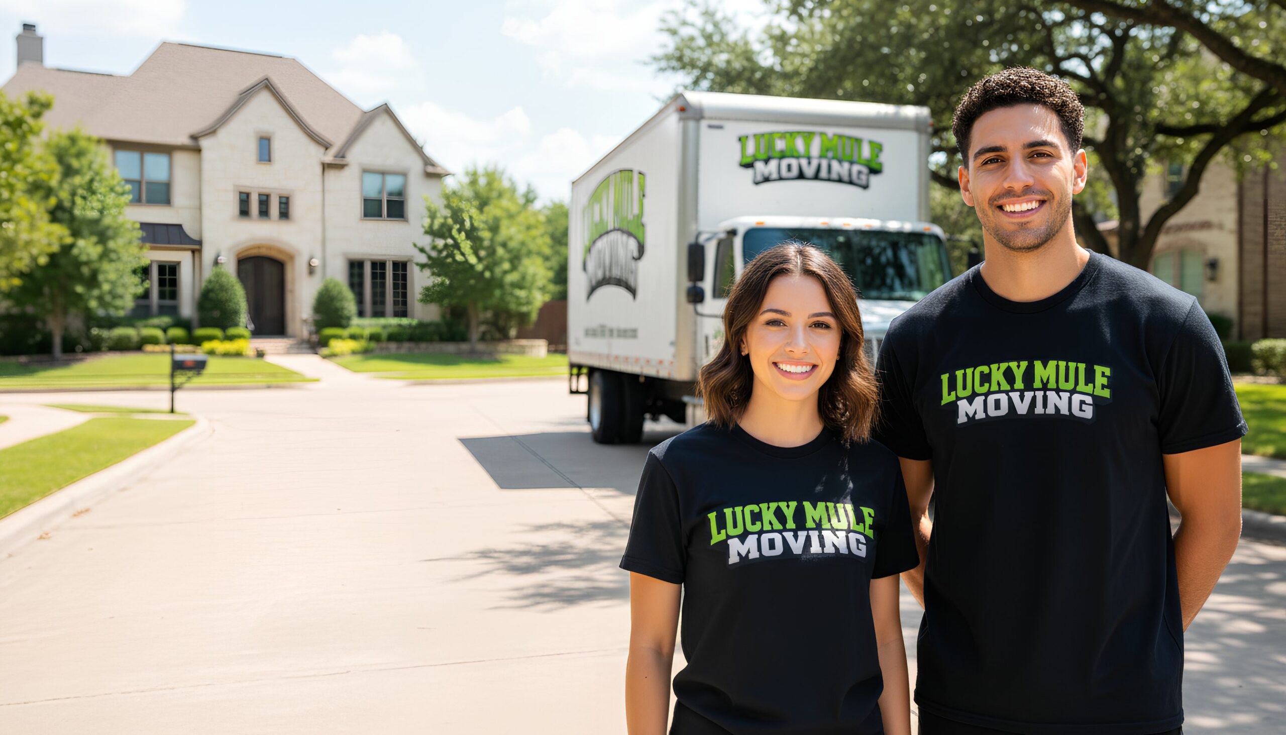 Lucky Mule Moving team smiling in front of their truck in Bentley Manor, San Antonio, showcasing professional moving services.