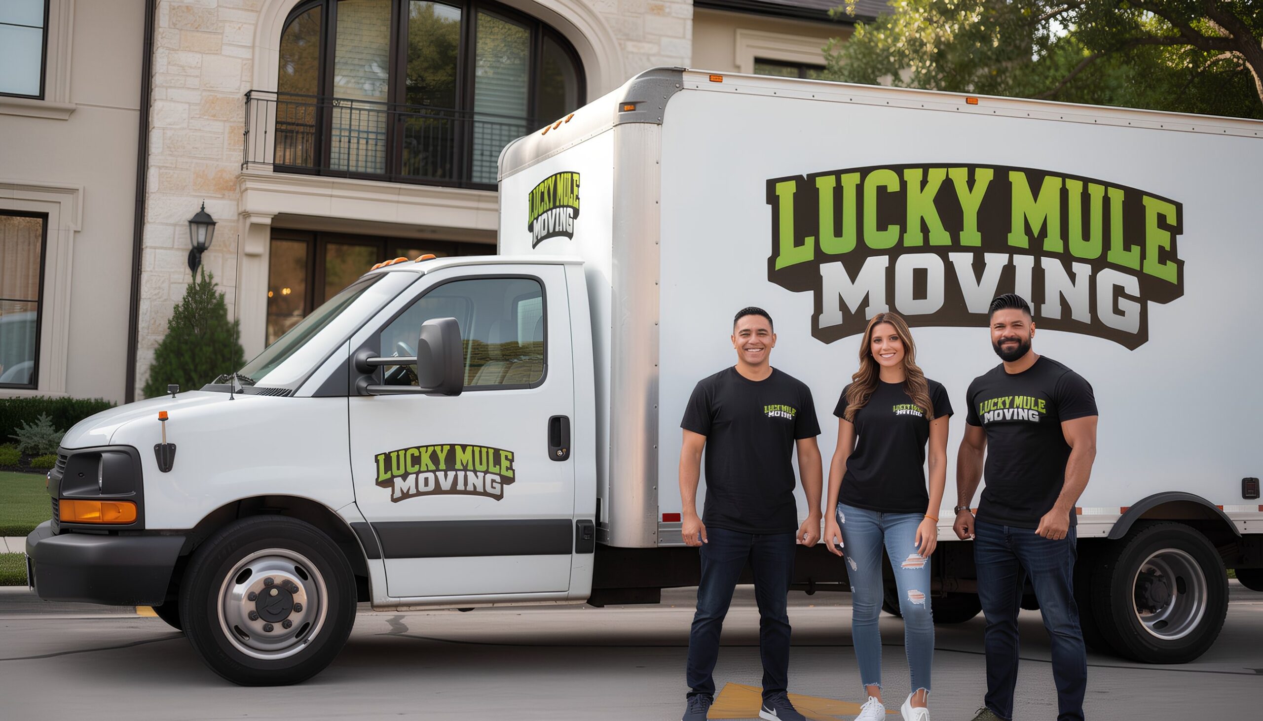 Smiling Lucky Mule Moving team in Boerne, TX, ready to provide professional moving services in the local neighborhood.