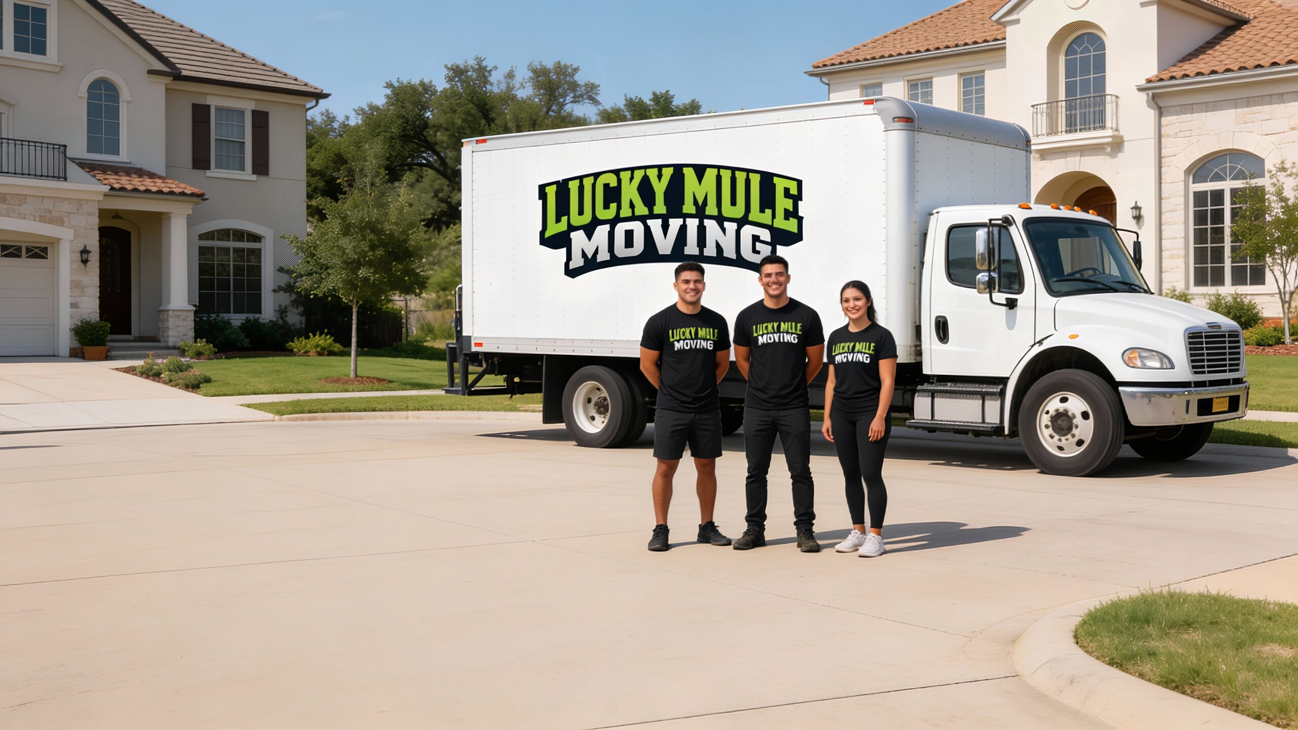 Smiling movers from Lucky Mule Moving stand proudly by their truck in Castle Hills, TX, ready for professional moving services.