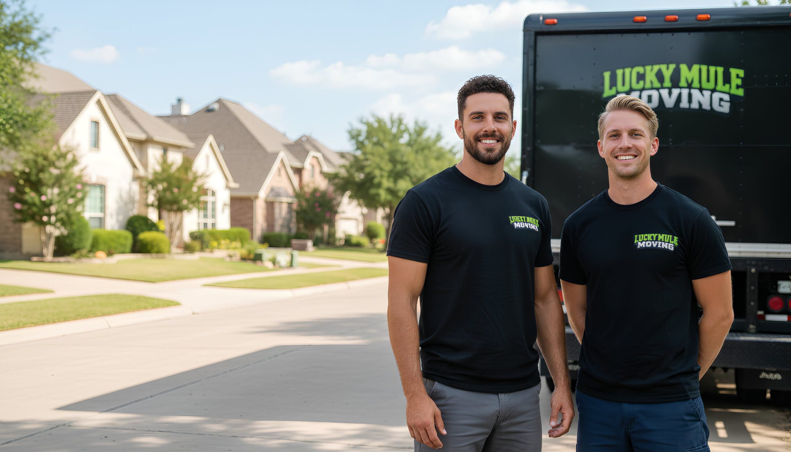 Smiling Lucky Mule Moving team in Cat Mountain, Austin, ready to provide professional moving services in the area.