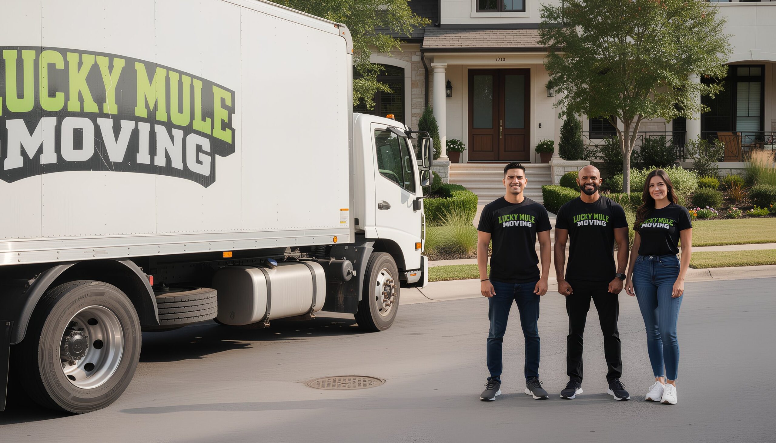 Smiling movers from Lucky Mule Moving in Cibolo, TX, stand proudly in front of their moving truck, ready to assist you.