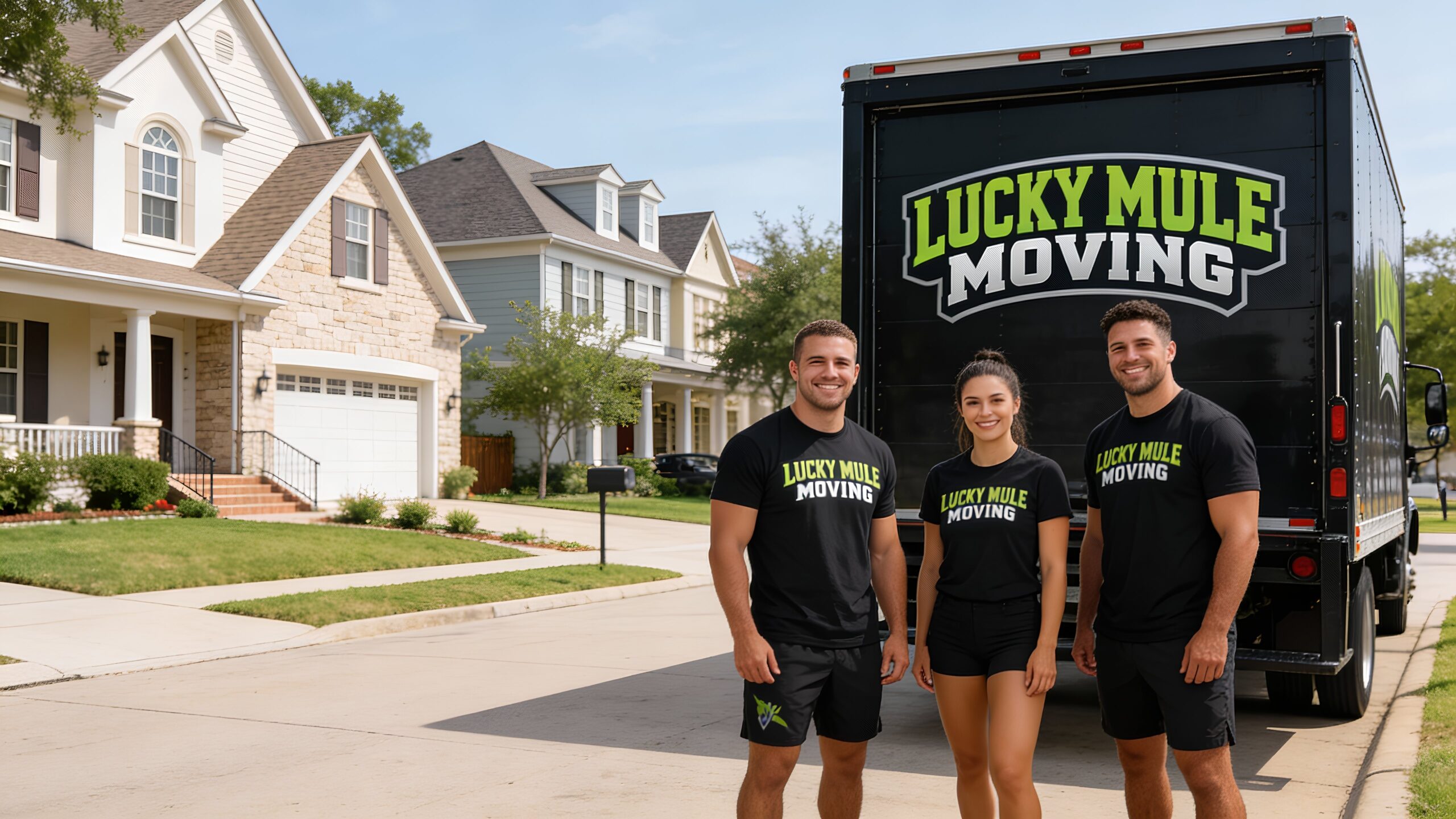 Smiling Lucky Mule Moving team outside their truck, ready to offer professional moving services in Clarksville, Austin, TX.