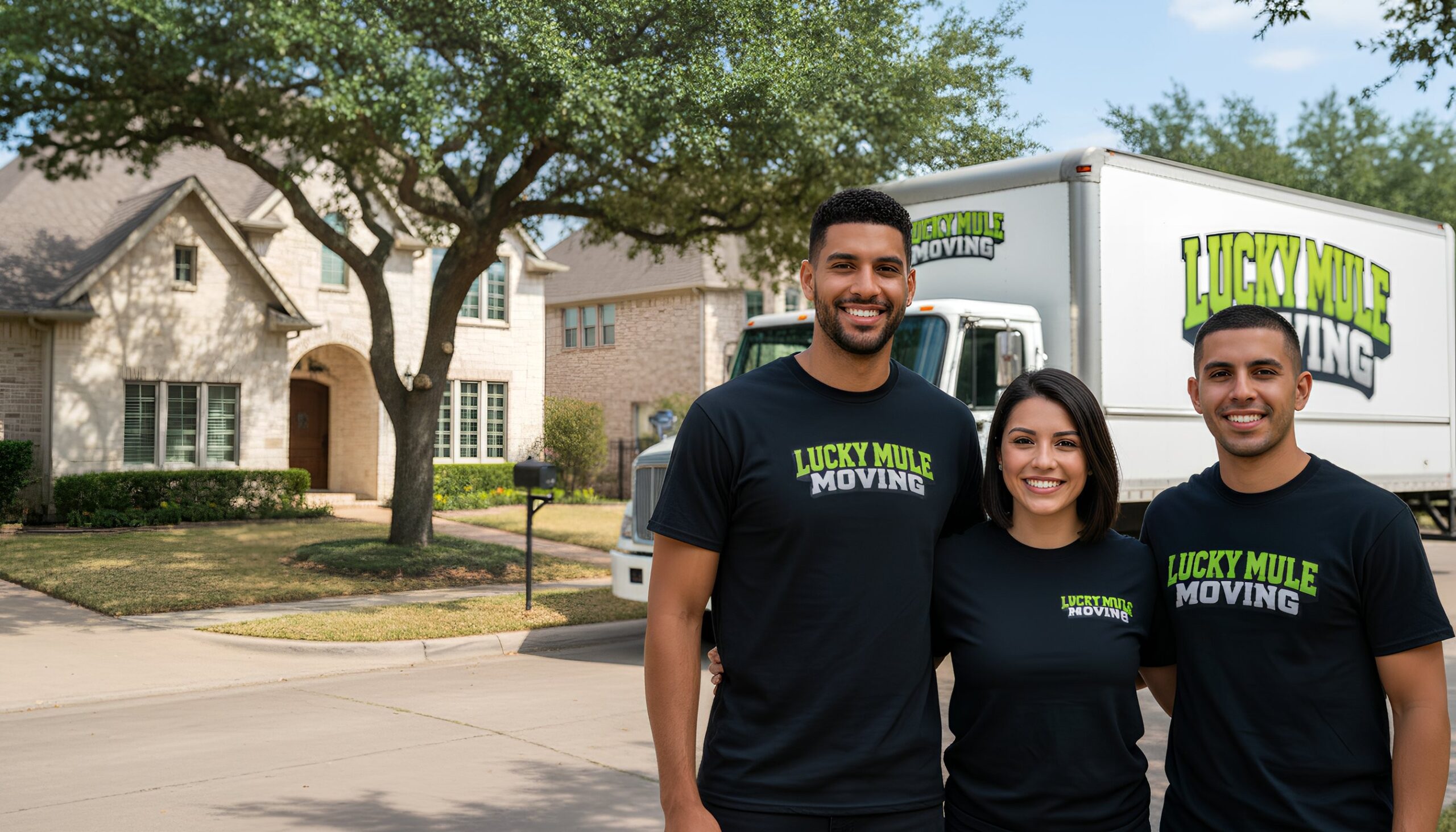 Lucky Mule Moving team smiling in front of their truck, ready to provide professional moving services in Encino Park, San Antonio.