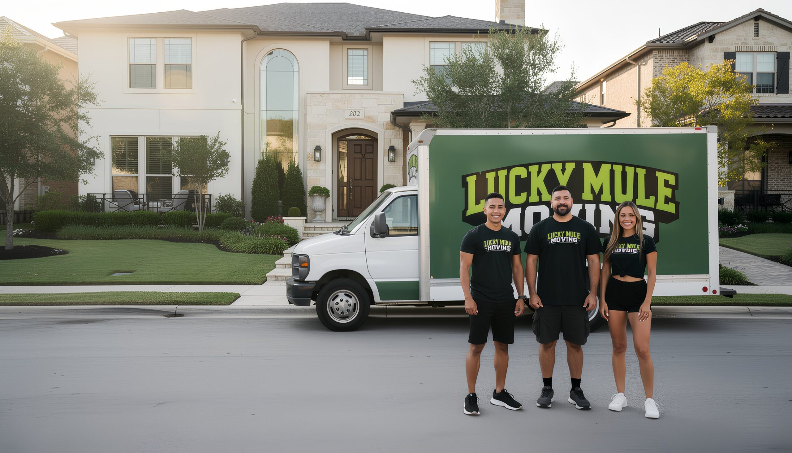 Lucky Mule Moving team in Encino Ranch, San Antonio, proudly showcasing their professional moving services by the truck.