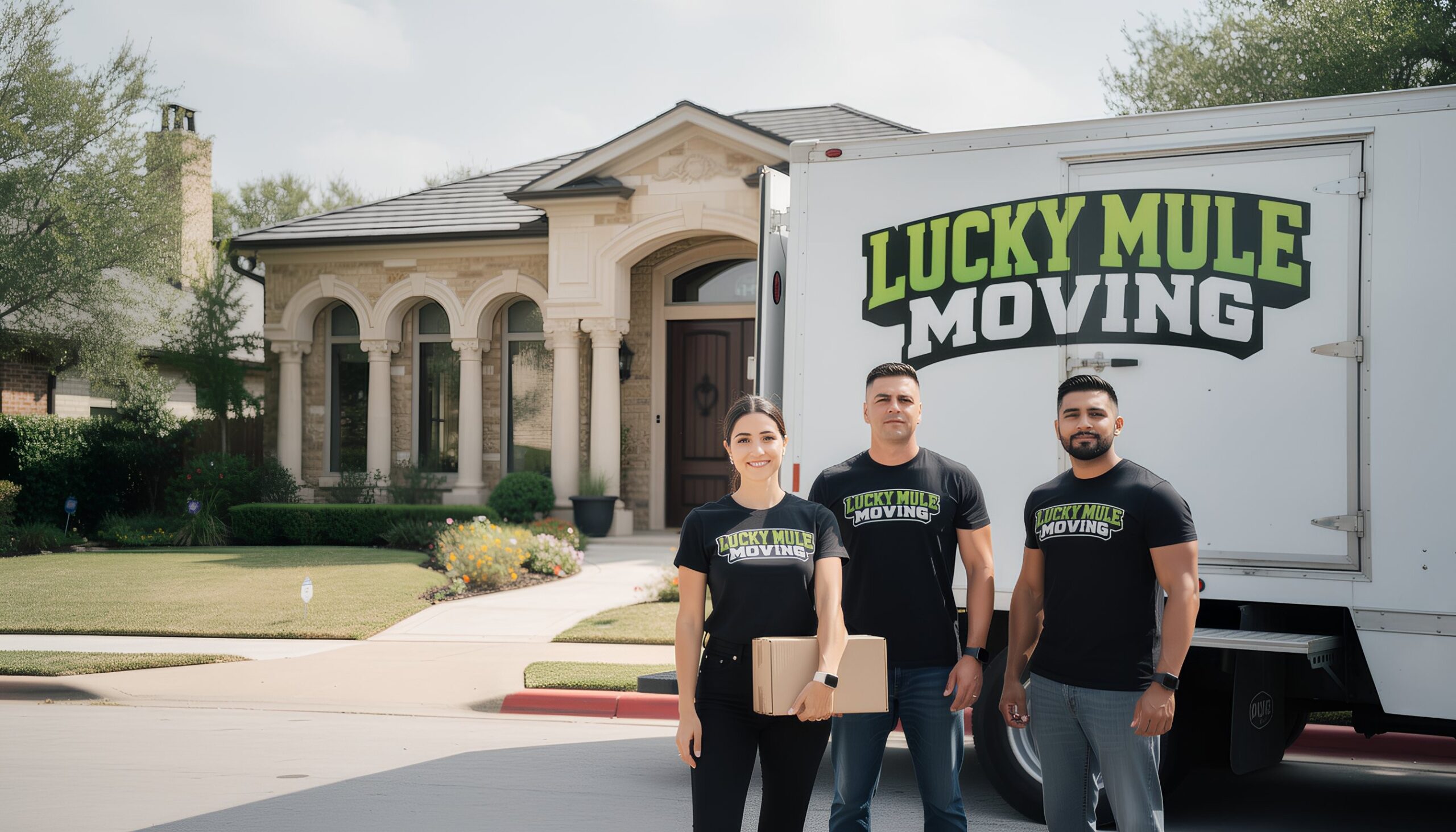 Smiling Lucky Mule Moving team in Fair Oaks Ranch, TX, ready to provide professional moving services in the neighborhood.