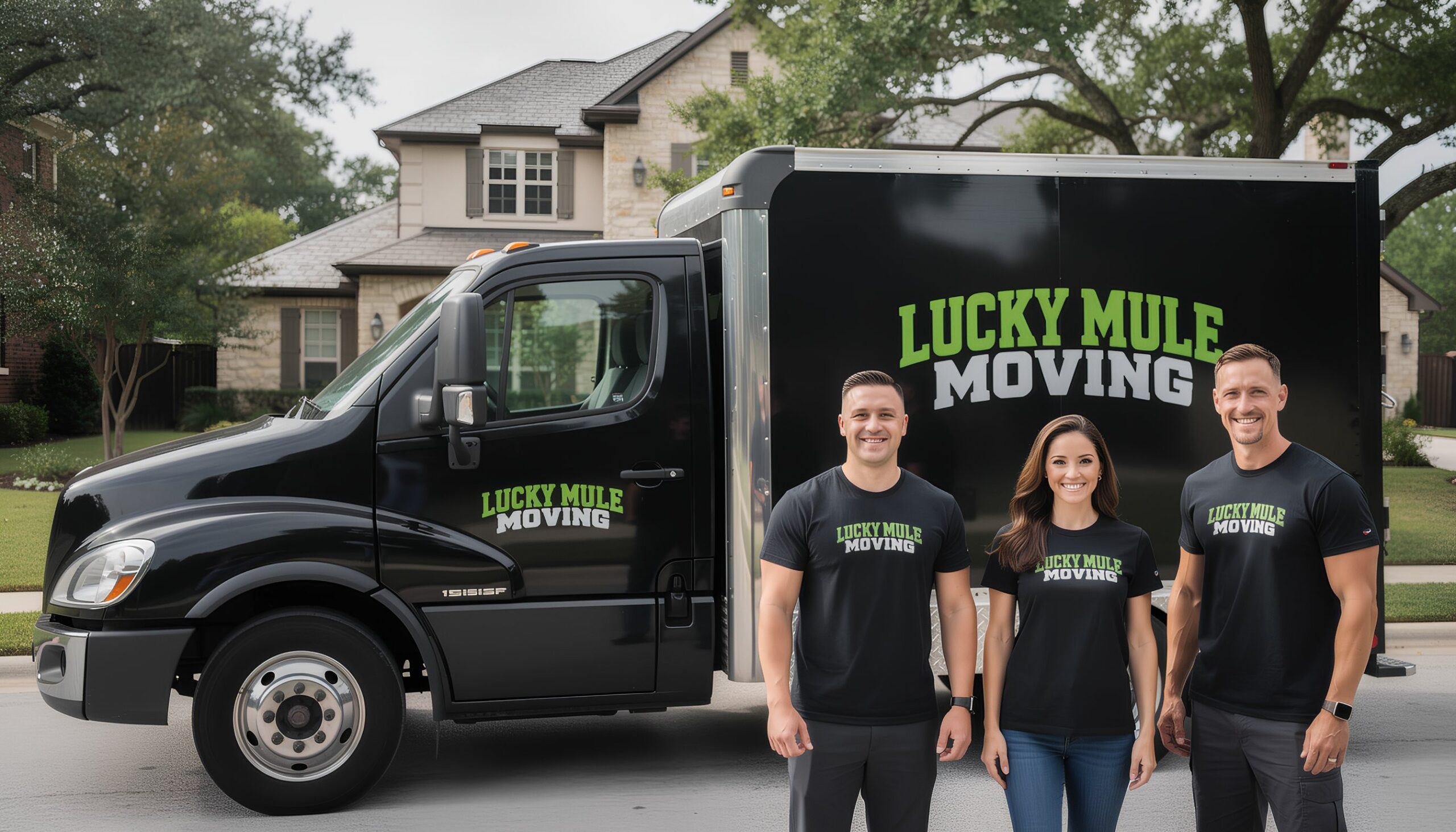 Lucky Mule Moving team smiling in front of their truck, offering professional moving services in Great Hills, Austin, TX.