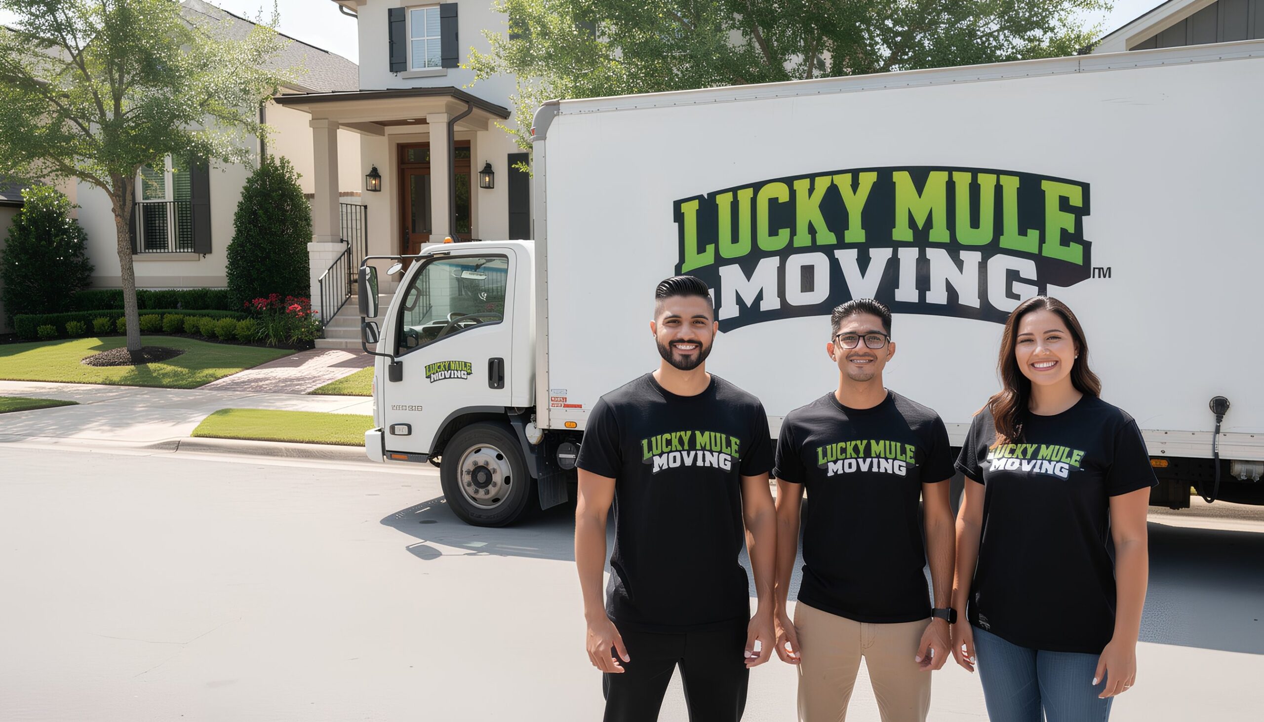Movers from Lucky Mule Moving smiling in front of their truck in Helotes, TX, showcasing professional moving services.