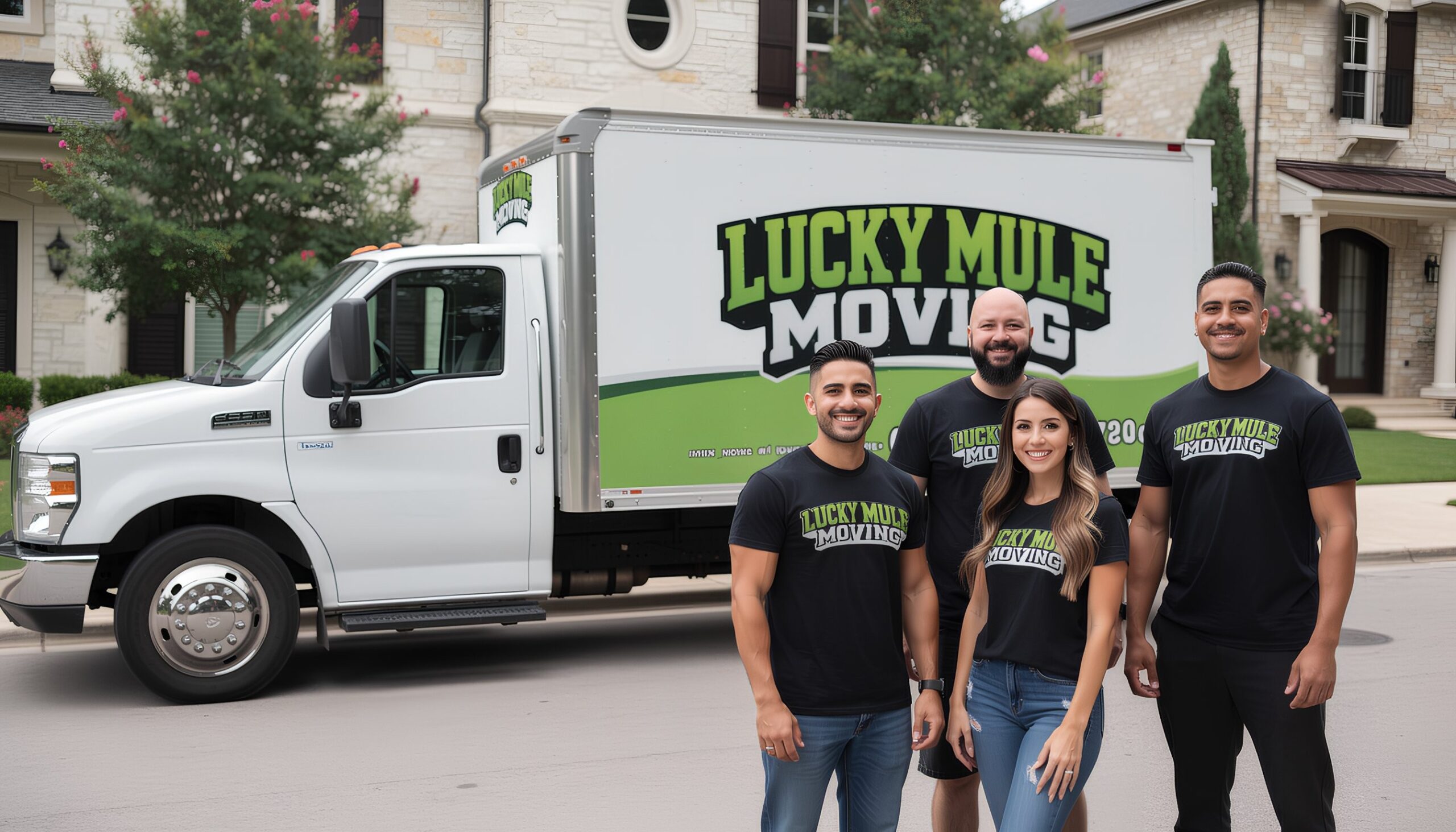 Smiling movers from Lucky Mule Moving standing in front of a truck in Hollywood Park, TX, ready to provide professional moving services.