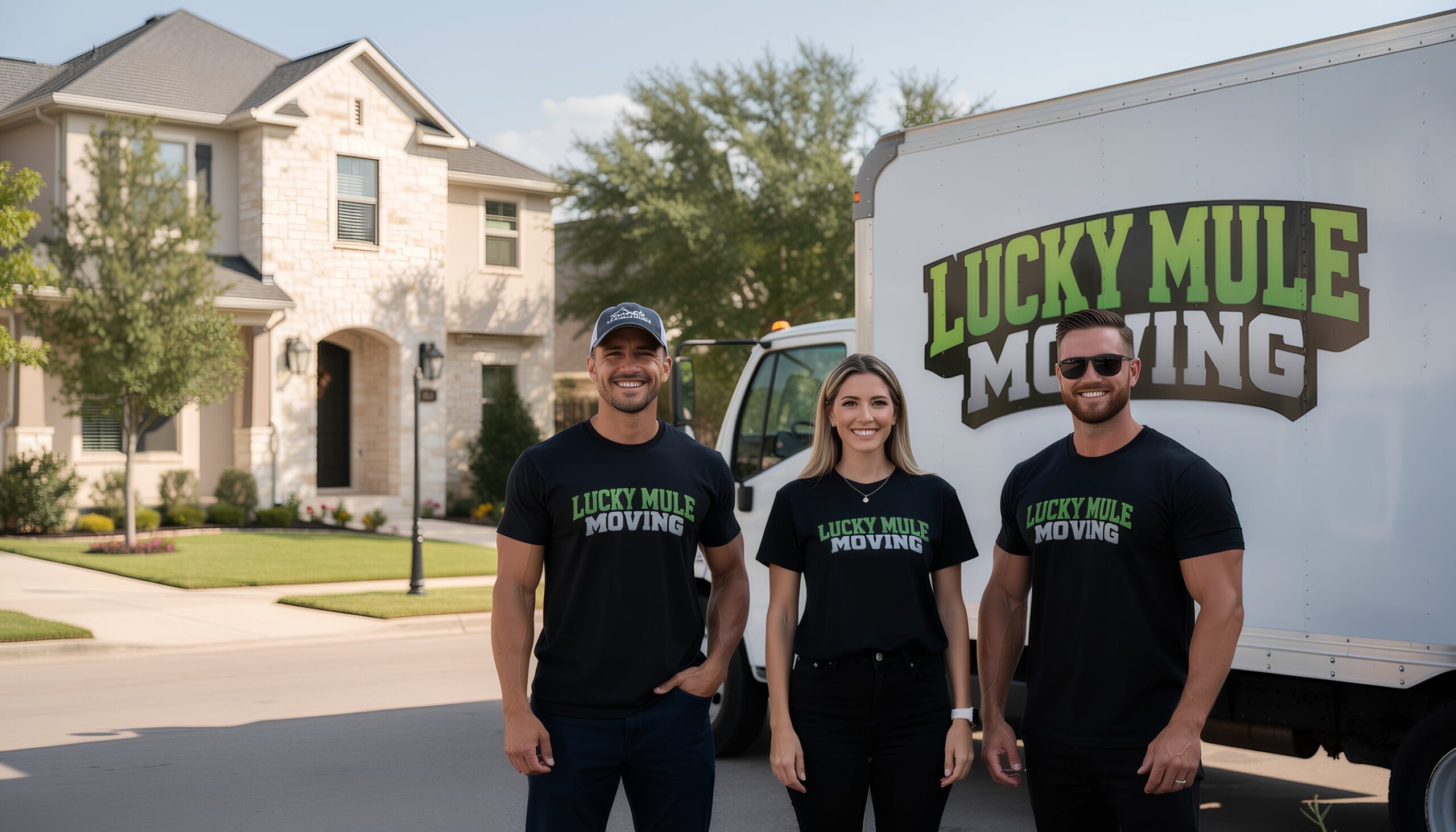 Lucky Mule Moving team smiles confidently in front of their moving truck in Hudson Bend, TX, showcasing professional moving services.