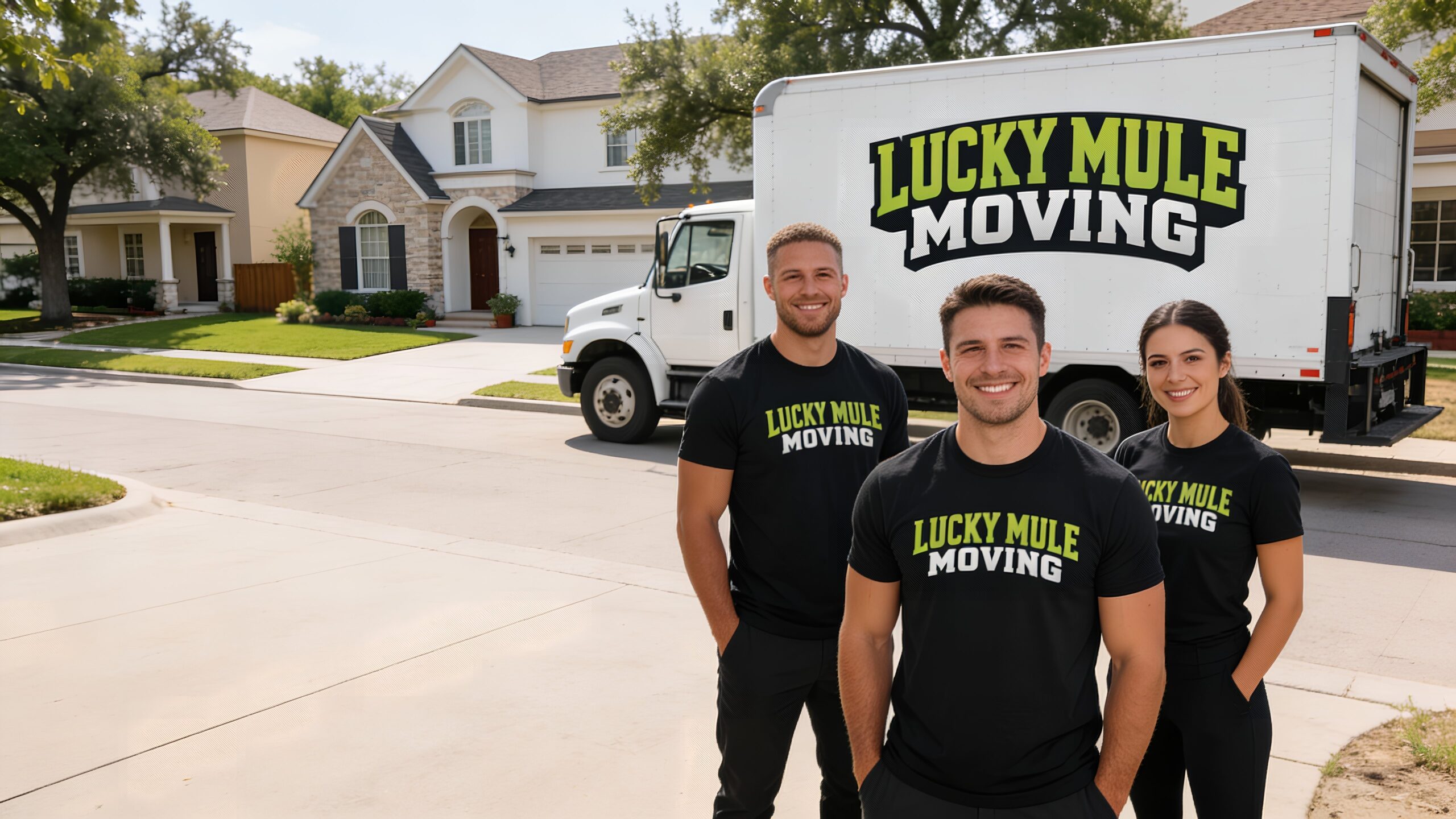 Lucky Mule Moving team smiling in Hyde Park, Austin, showcasing their professional moving services in front of a moving truck.