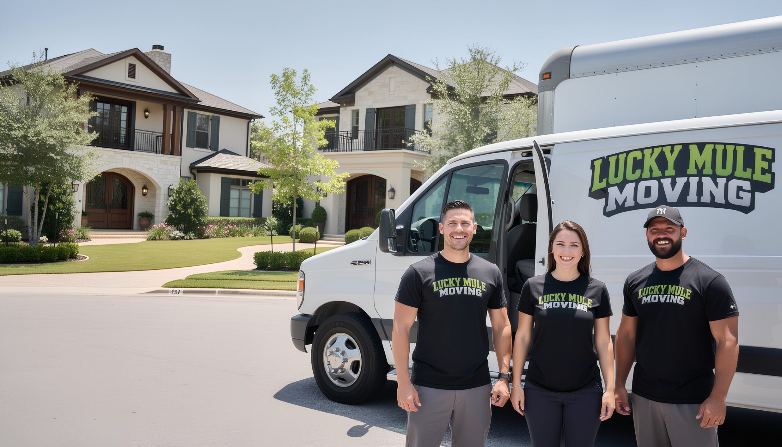 Professional movers from Lucky Mule Moving smiling in front of their truck in La Cantera, San Antonio, TX.