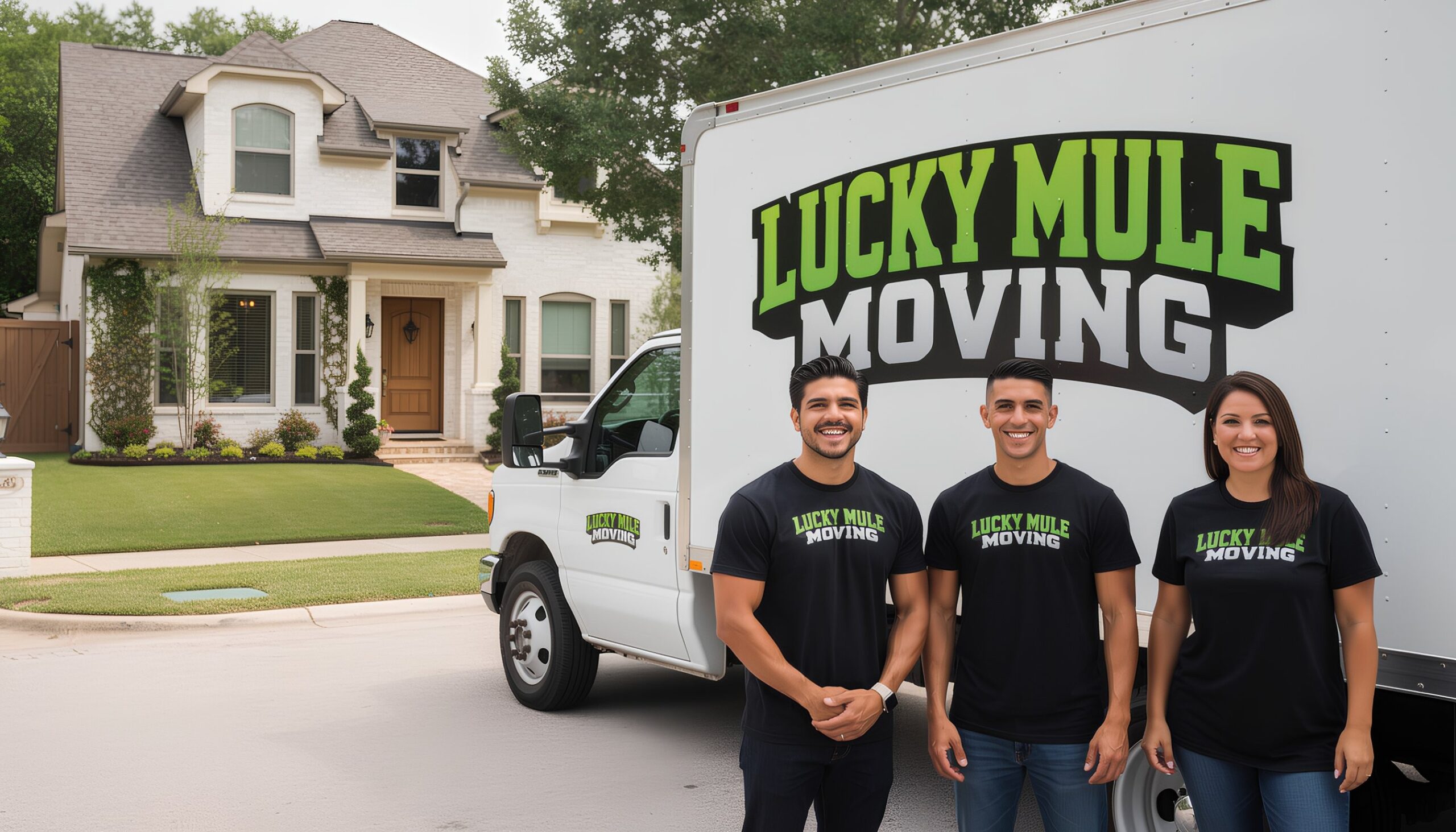 Lucky Mule Moving team smiling in front of their moving truck in Lakeway, TX, showcasing professional moving services.