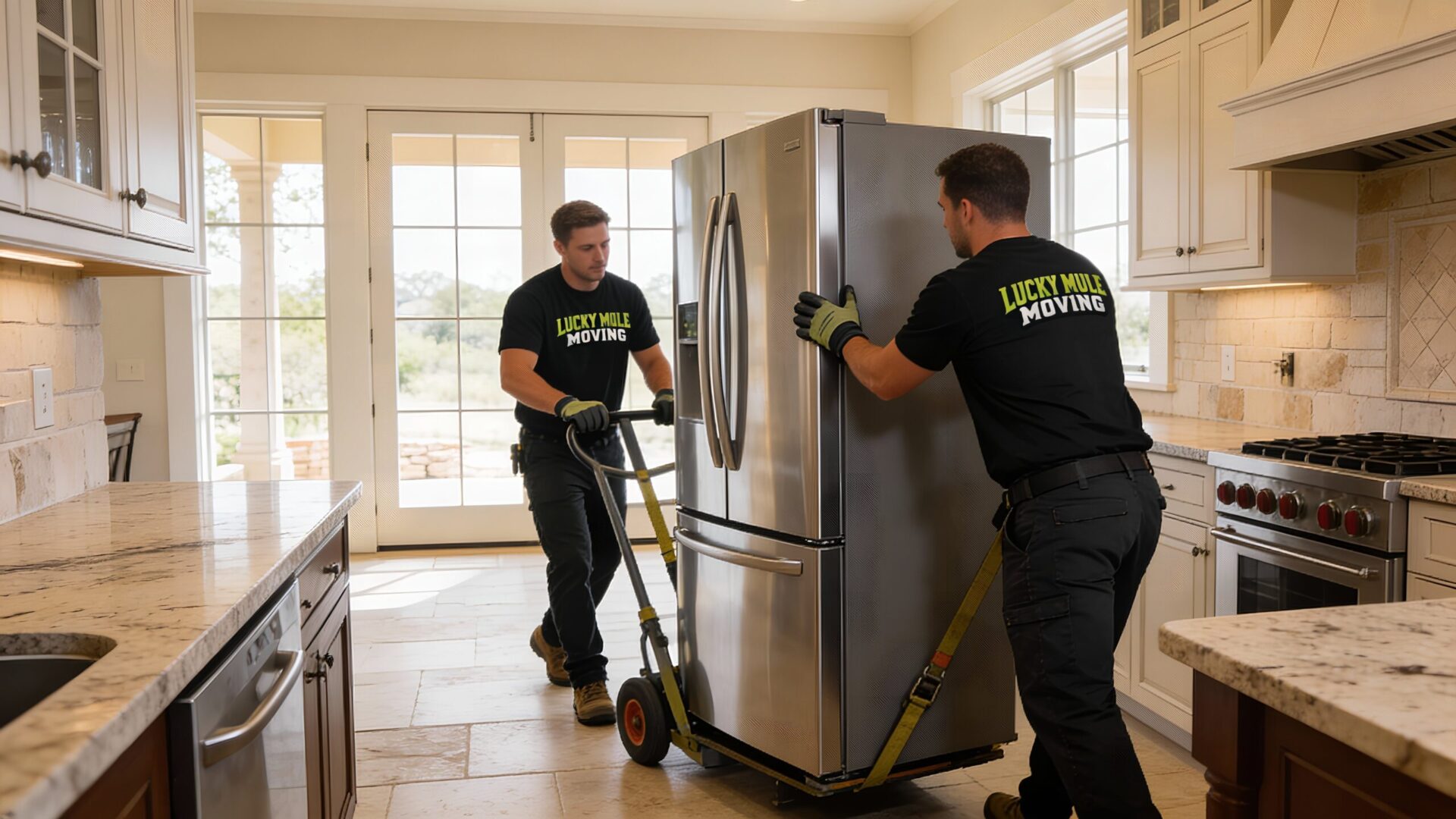 Lucky Mule Moving professionals relocating a refrigerator inside a luxury home kitchen in Helotes Texas