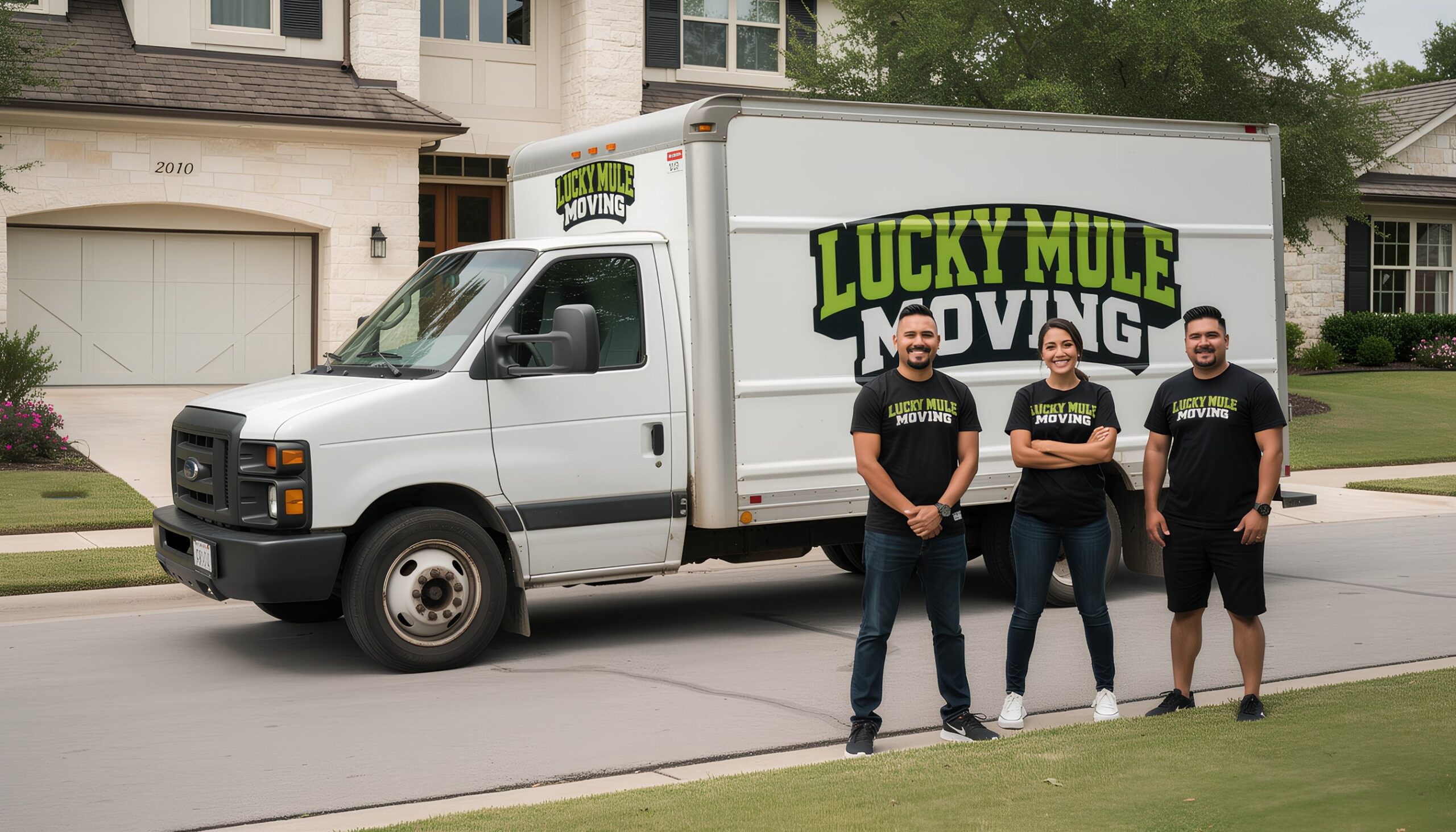 Smiling movers from Lucky Mule Moving stand in front of their truck in New Braunfels, TX, ready for professional moving services.