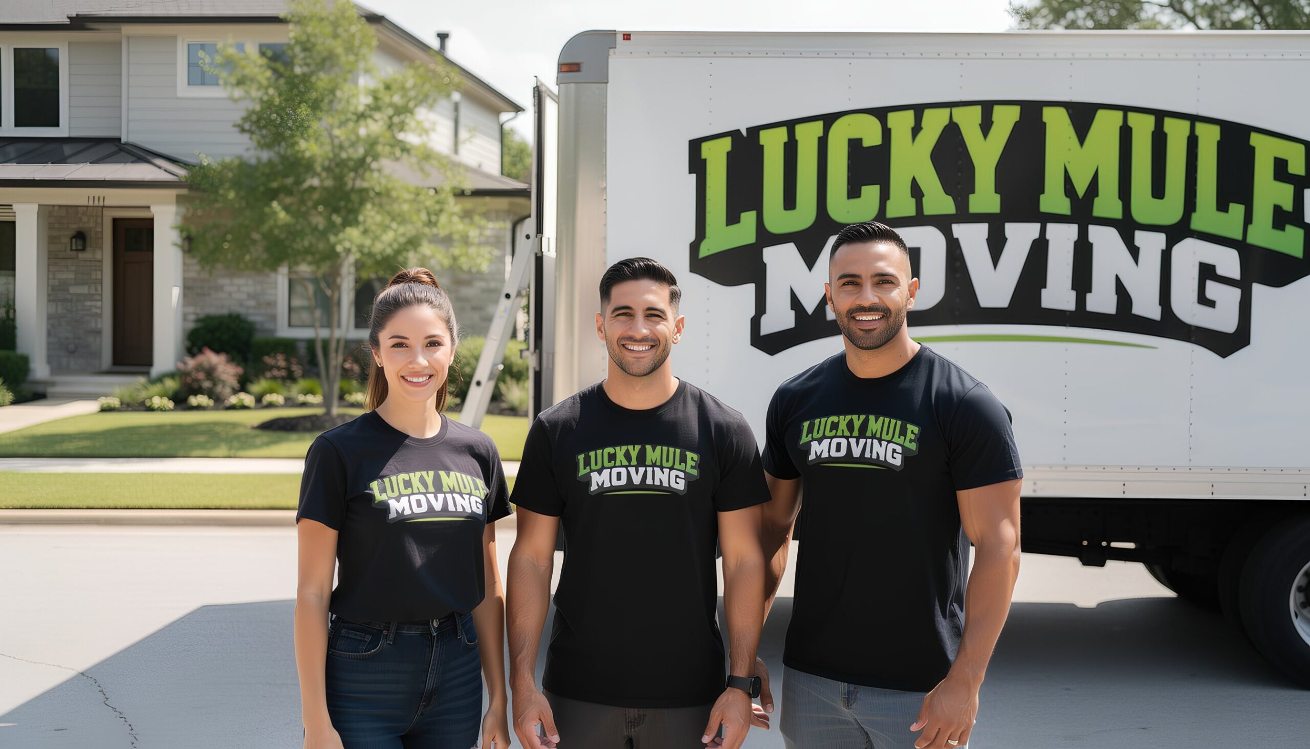 Lucky Mule Moving team standing proudly in front of their truck, ready to provide professional moving services in Northwest Hills, Austin.