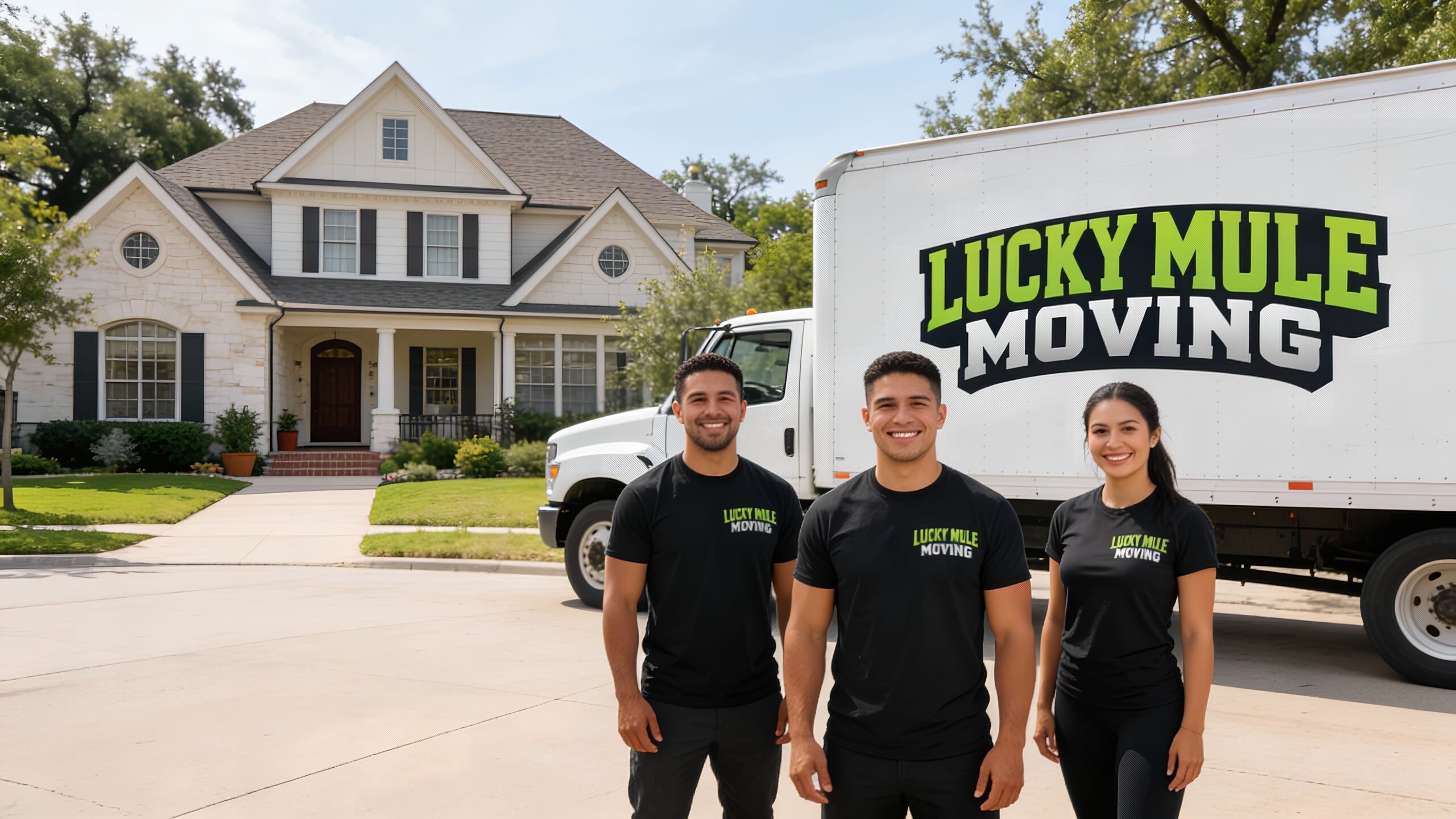 Smiling Lucky Mule Moving team stands proudly in front of their moving truck in Old Enfield, Austin, showcasing professional services.